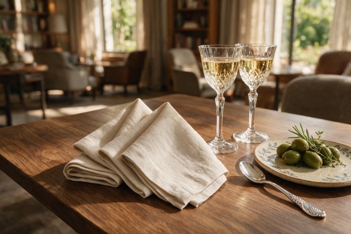 Premium European linen cocktail napkins styled on an elegant cocktail table with crystal glassware.