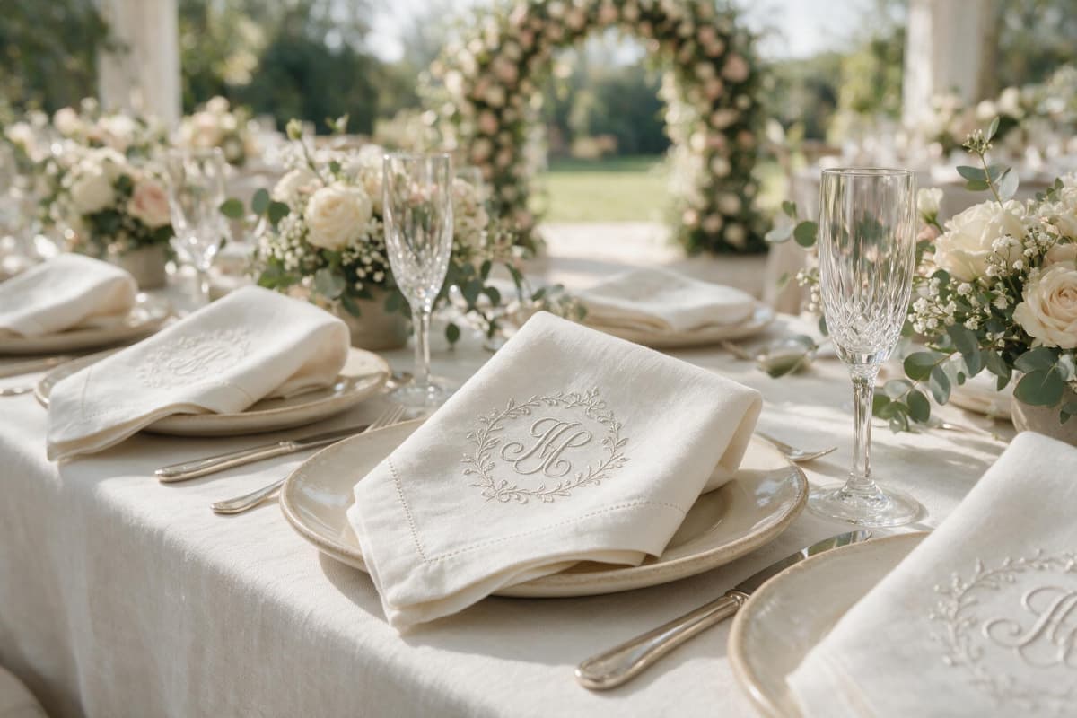 Premium embroidered European linen cocktail napkins for luxury weddings and personalized gifts.
