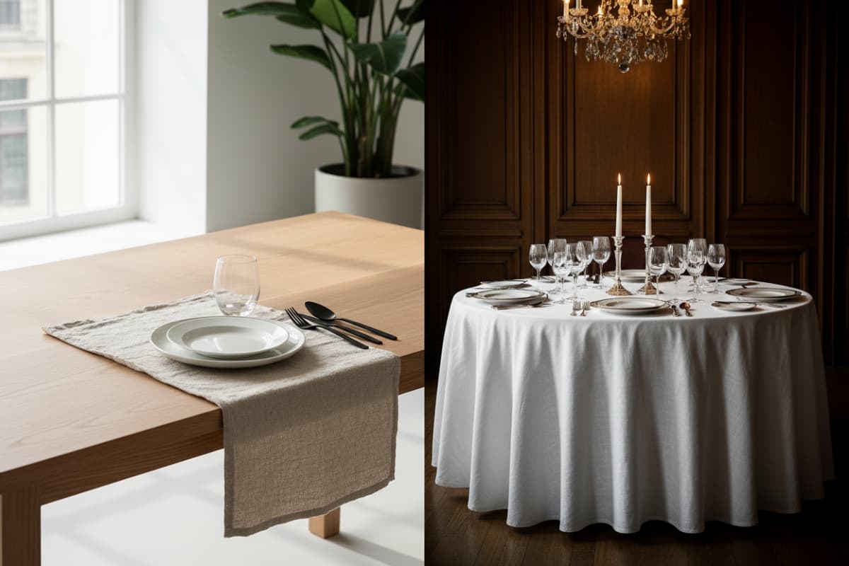 Side-by-side comparison of modern natural linen placemats on a wooden table versus a traditional white linen tablecloth in a fine dining restaurant.