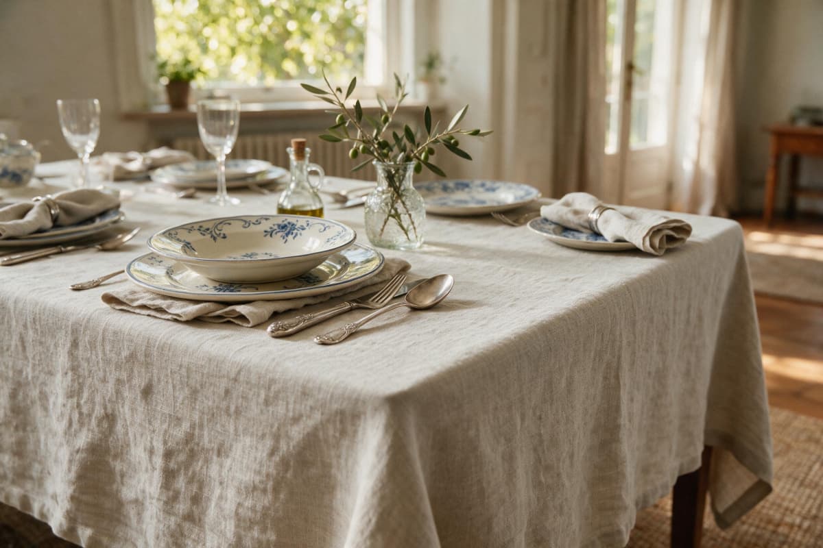 Premium natural oatmeal linen tablecloth showcasing its elegant texture and drape on a sophisticated dining table.