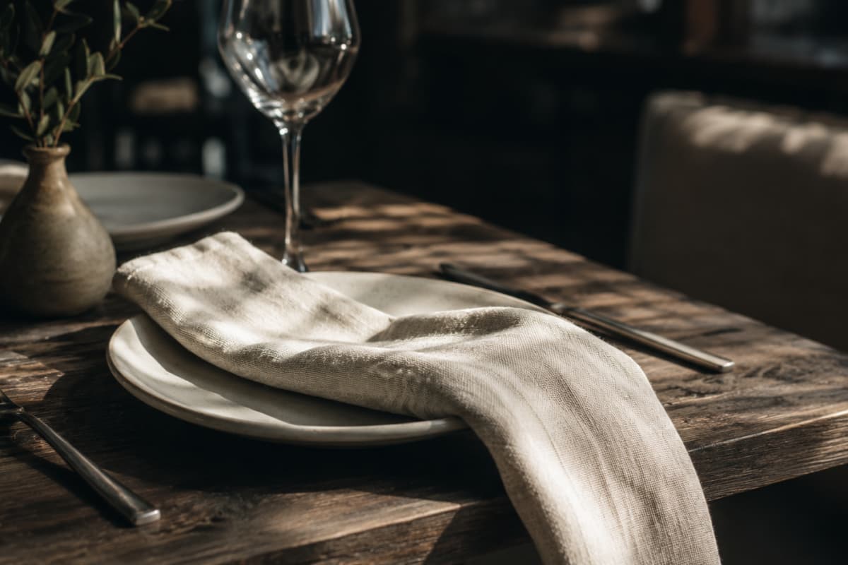 Premium 100% pure linen cloth napkin with natural texture on a fine dining restaurant table, showcasing quiet luxury table aesthetics.