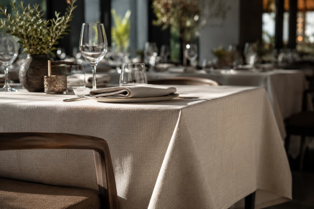 A premium restaurant table setting with European linen tablecloth, answering the core question: does linen shrink in commercial use.