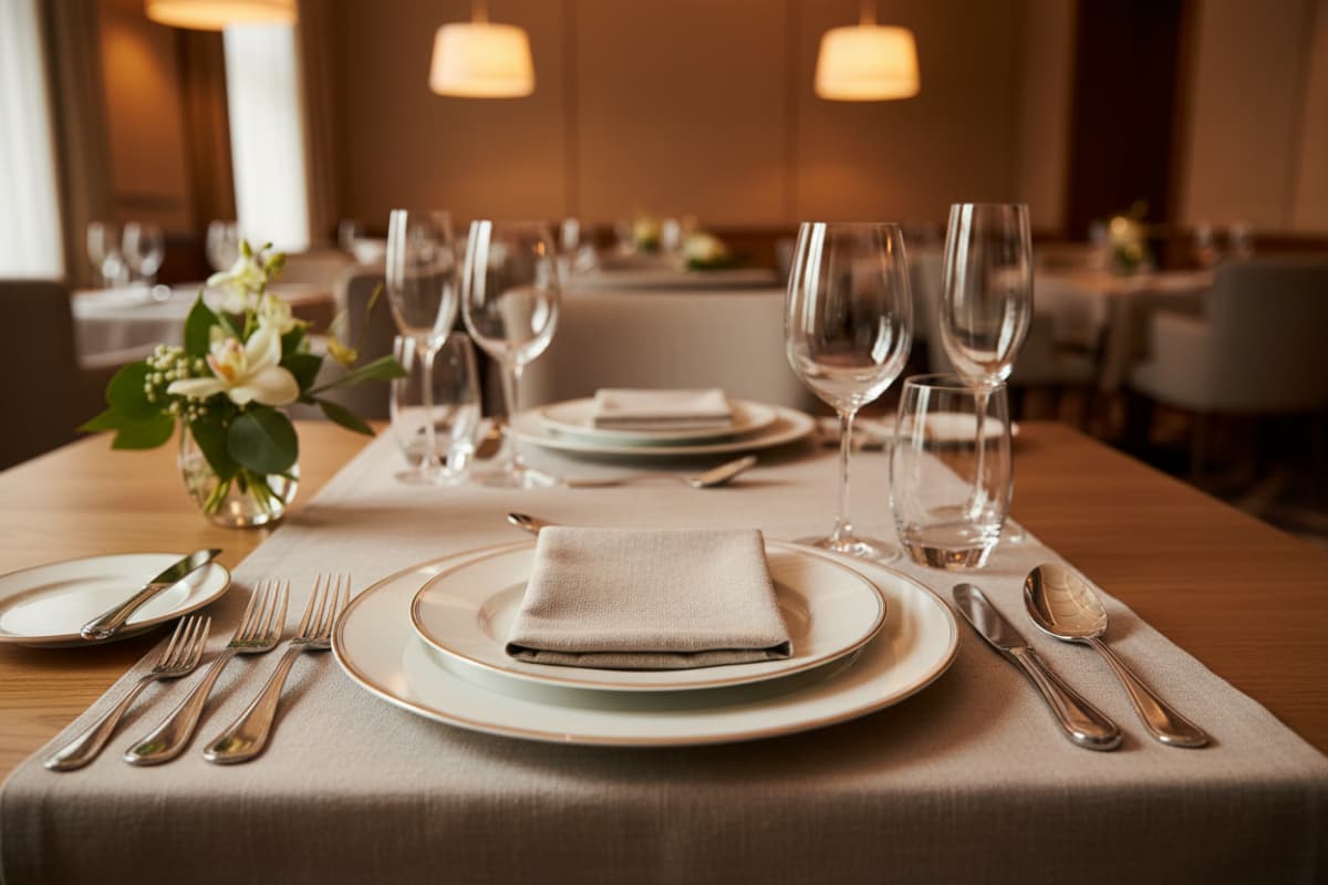 An upscale restaurant table setting featuring premium washed linen napkins with an elegant fold.