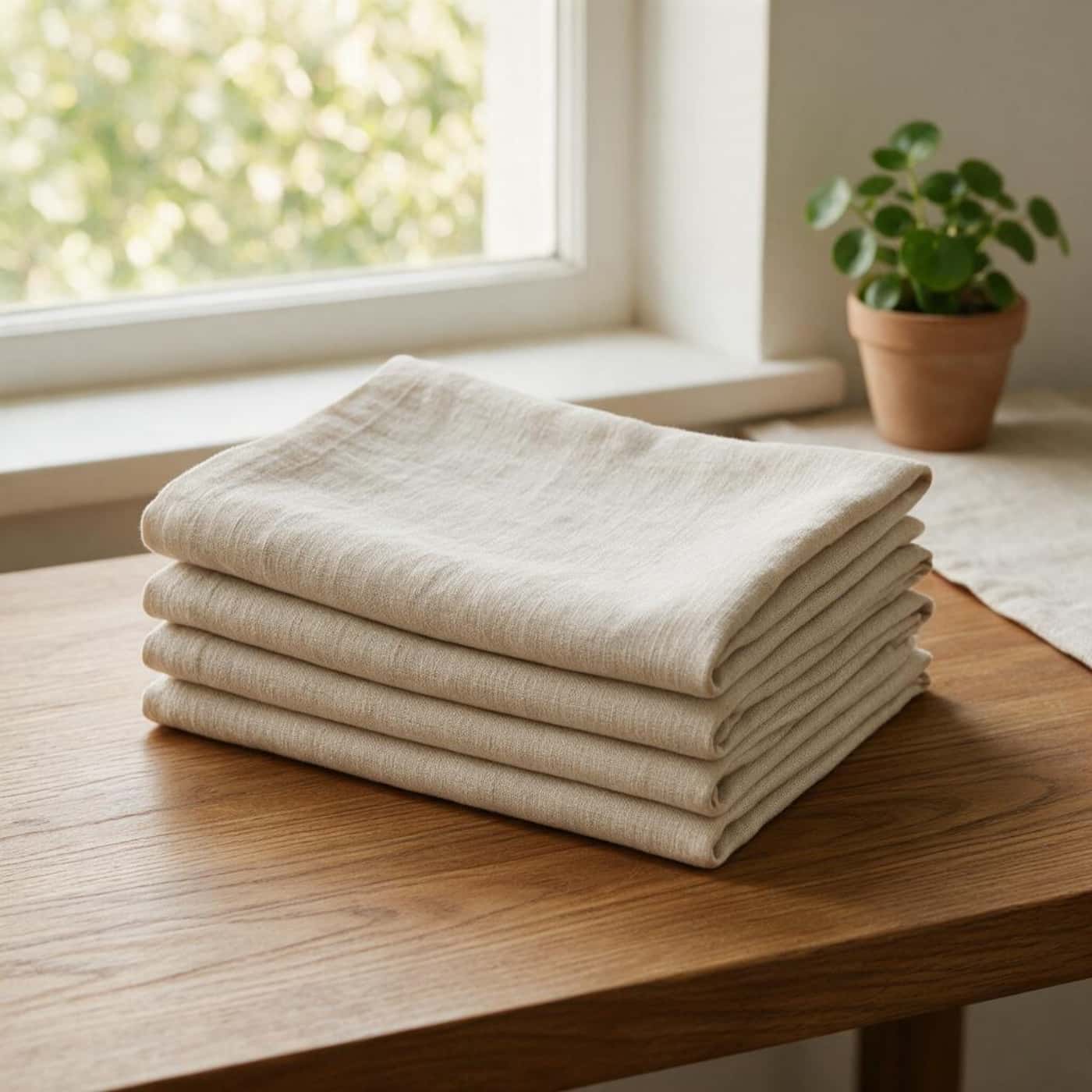 Blank European linen napkins prepared for custom embroidery and hospitality branding