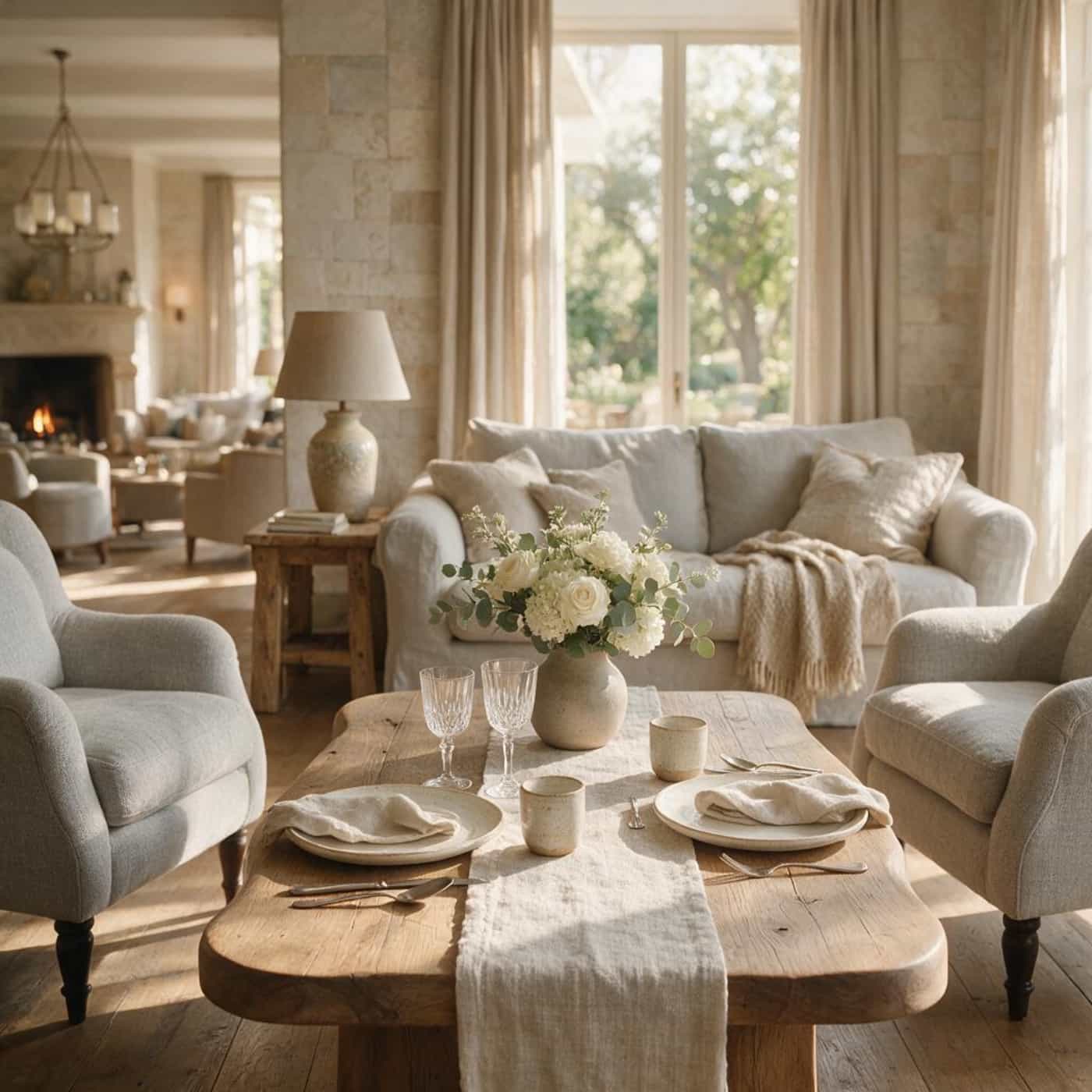 Elegant boutique hotel dining area with premium European linen table setting