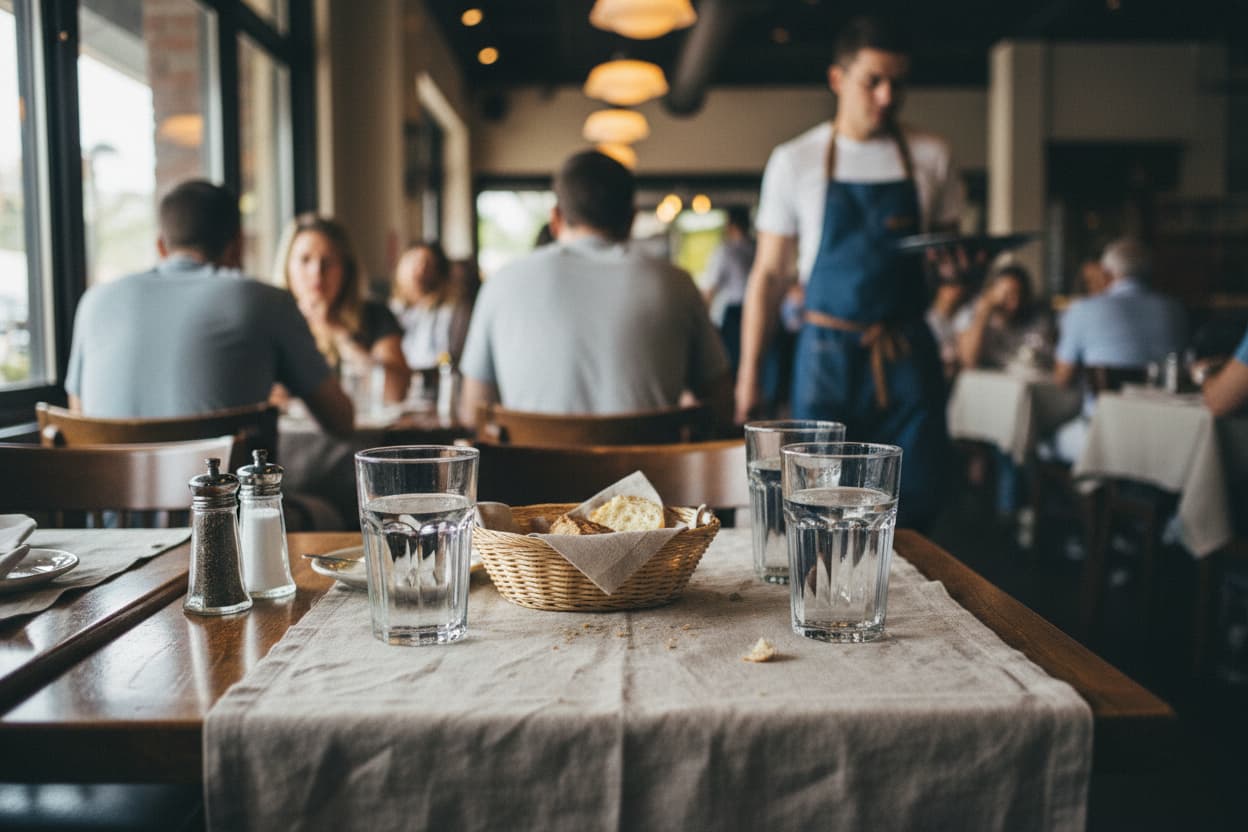 Natural linen napkin on bistro dining table with water glasses and bread basket, waiter serving guests in background