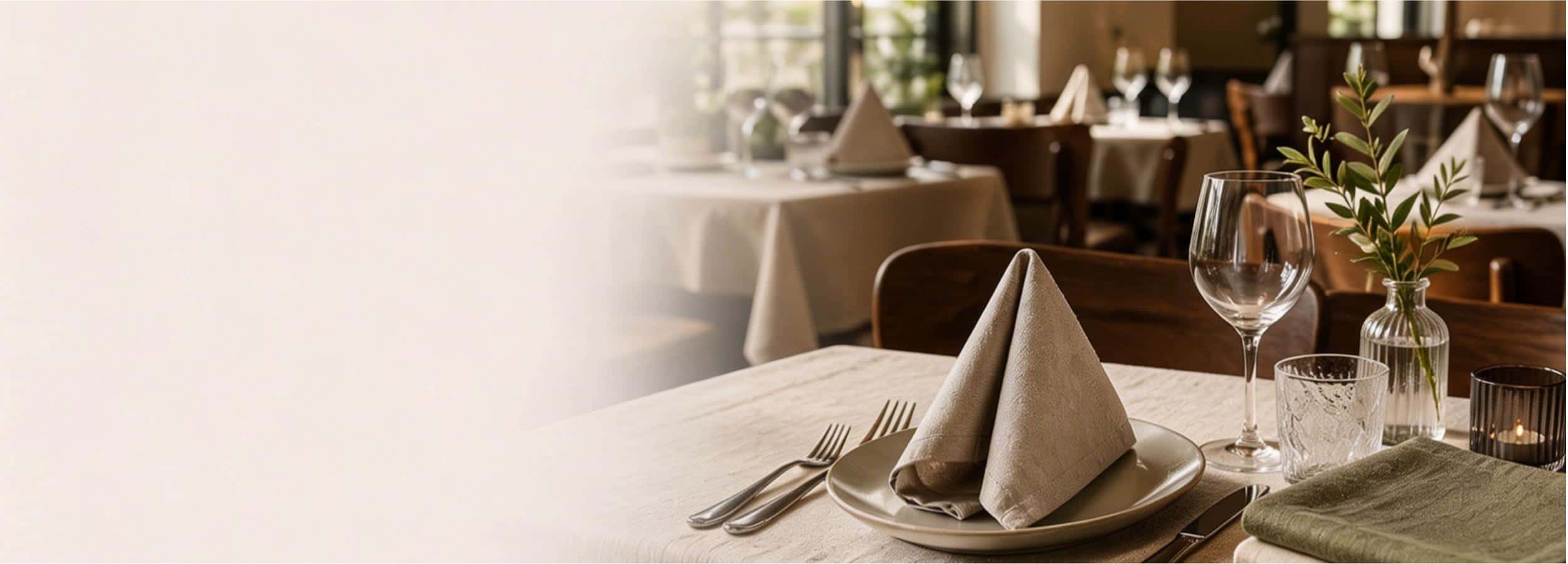 Restaurant table setting with folded linen napkin, gold cutlery, wine glass in warm romantic lighting