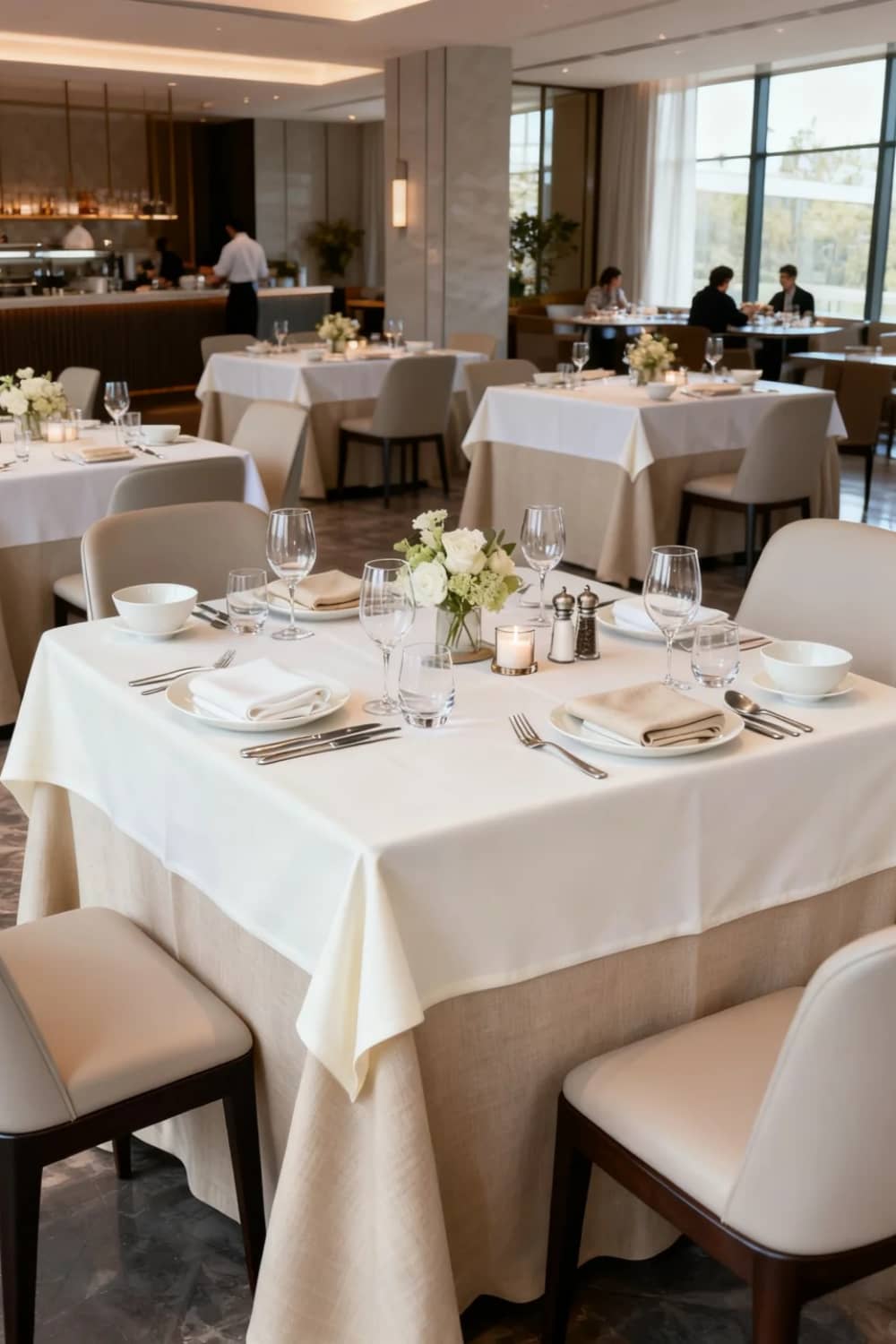Fine dining restaurant with white linen tablecloth, napkins, wine glasses and white flowers by bright floor-to-ceiling windows