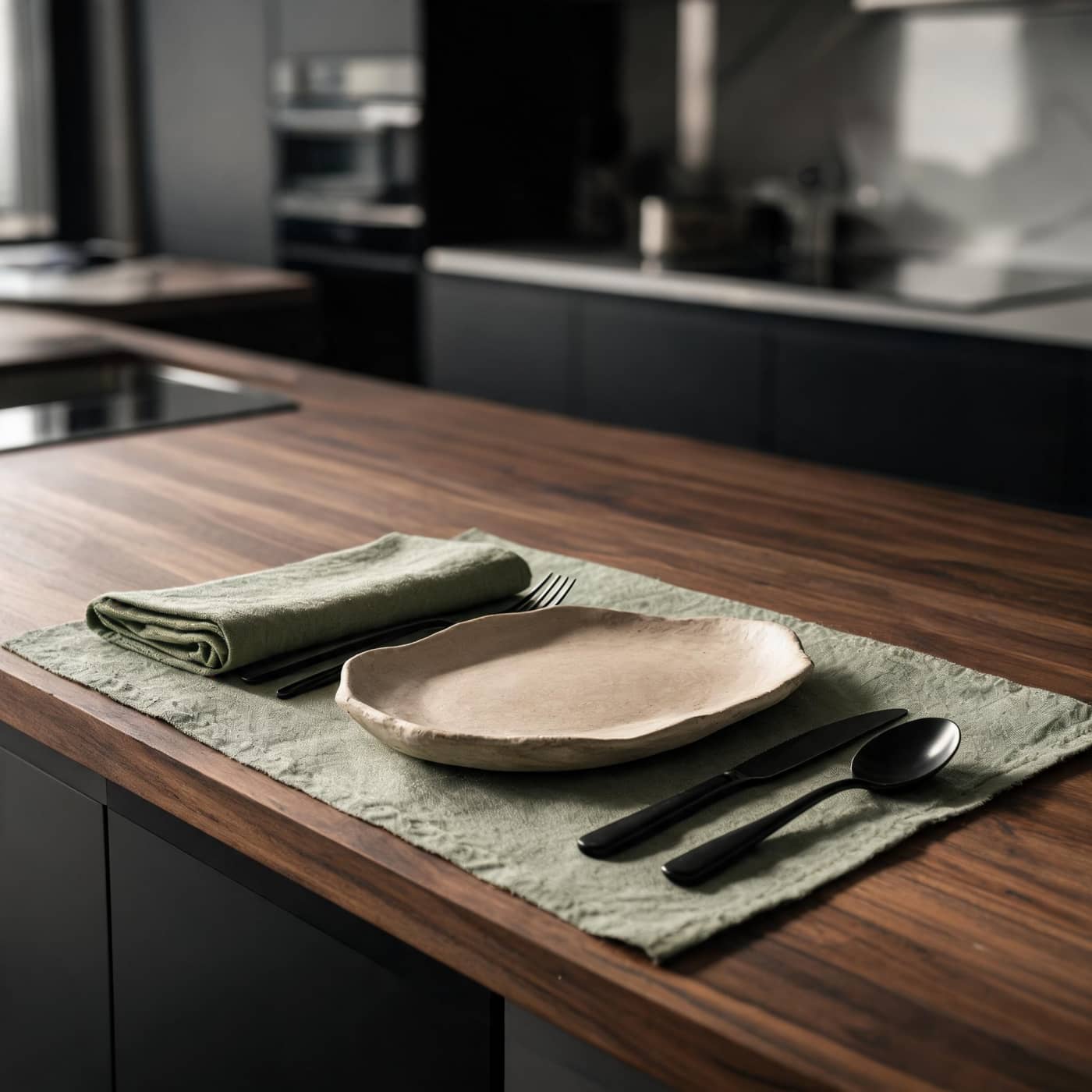 Sage green washed linen placemat and napkin set with matte black cutlery on walnut kitchen island