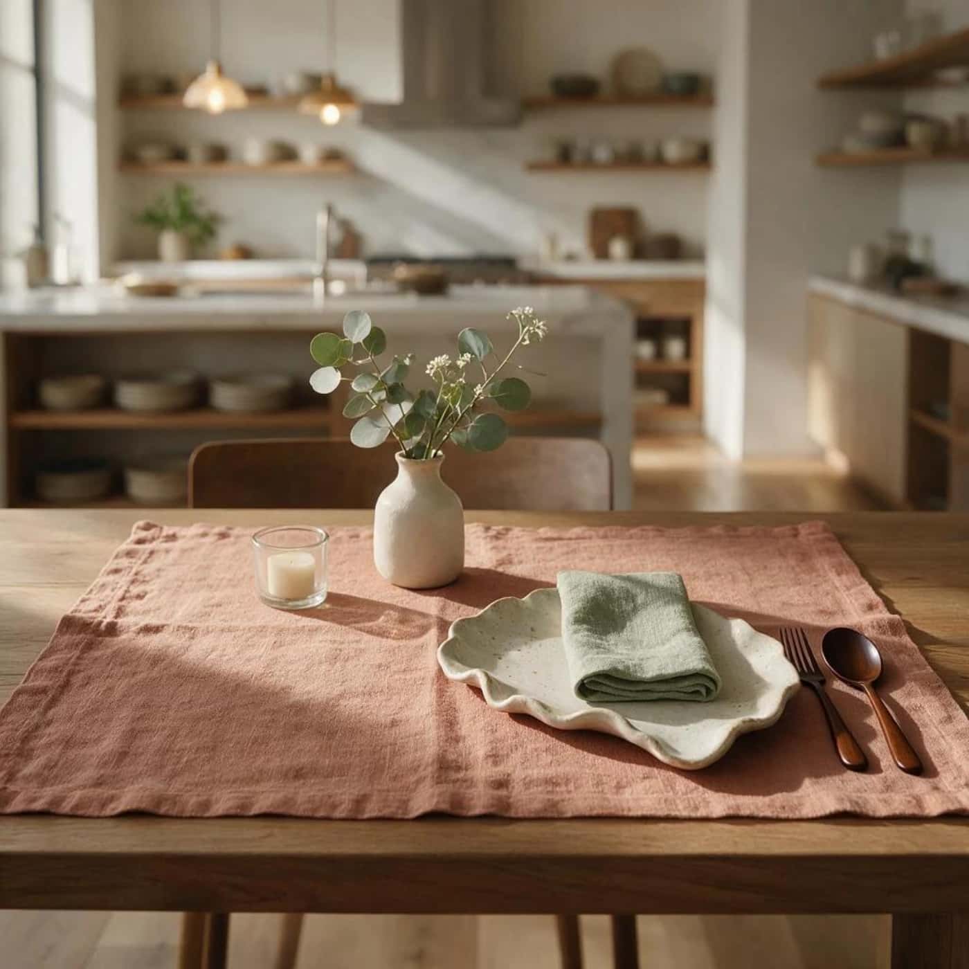 Sage green washed linen placemat and napkin set with matte black cutlery on walnut kitchen island