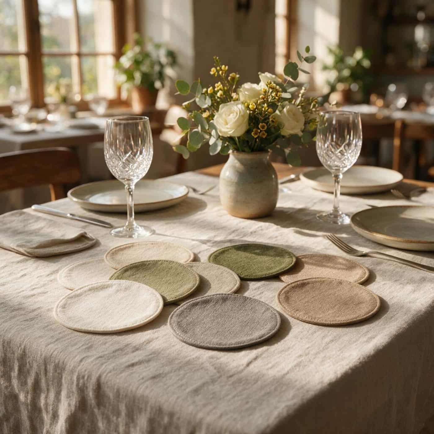 Classic European linen coasters styled for restaurant and café tables