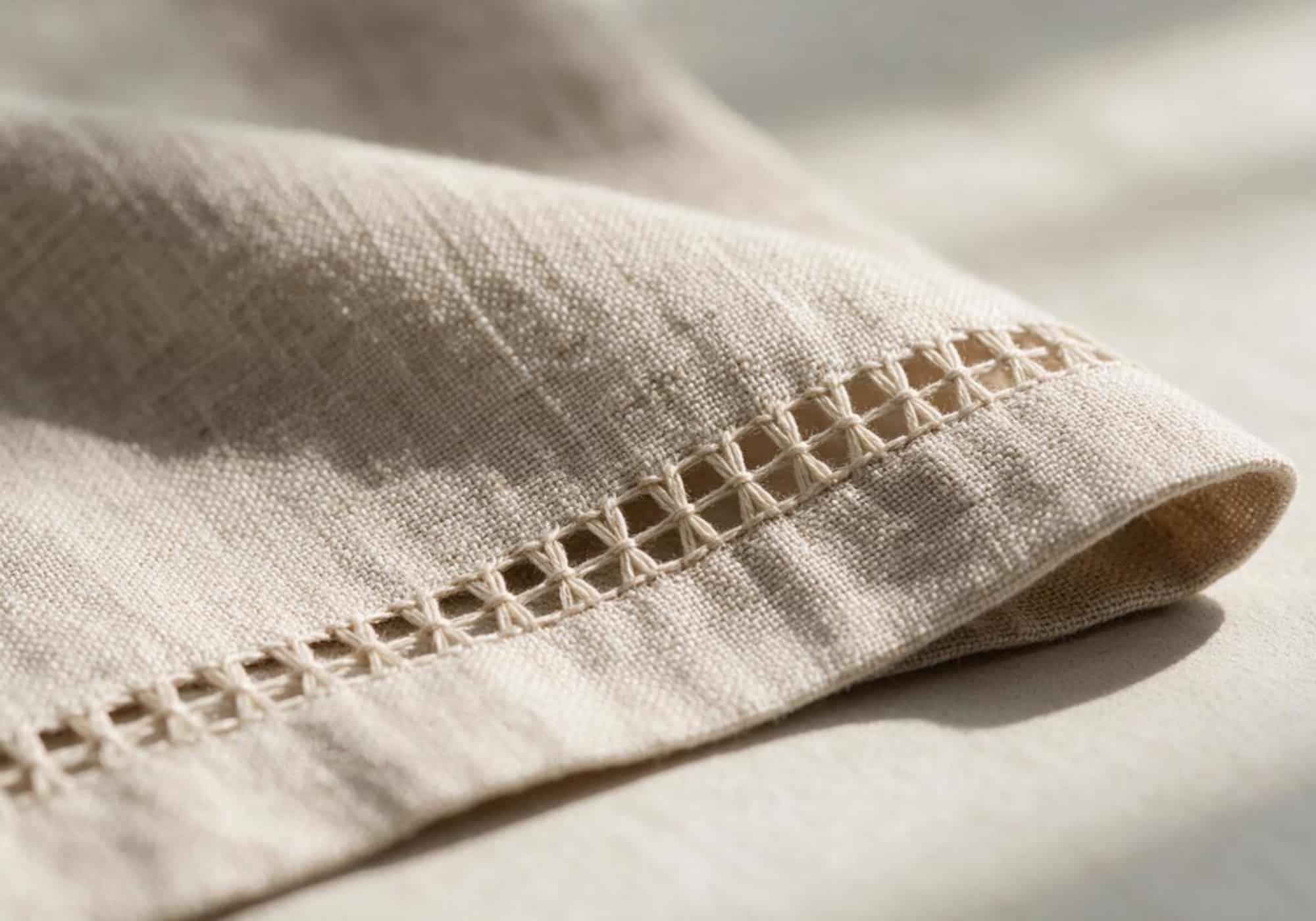 Close-up detail of handcrafted hemstitched edge on premium European linen textile
