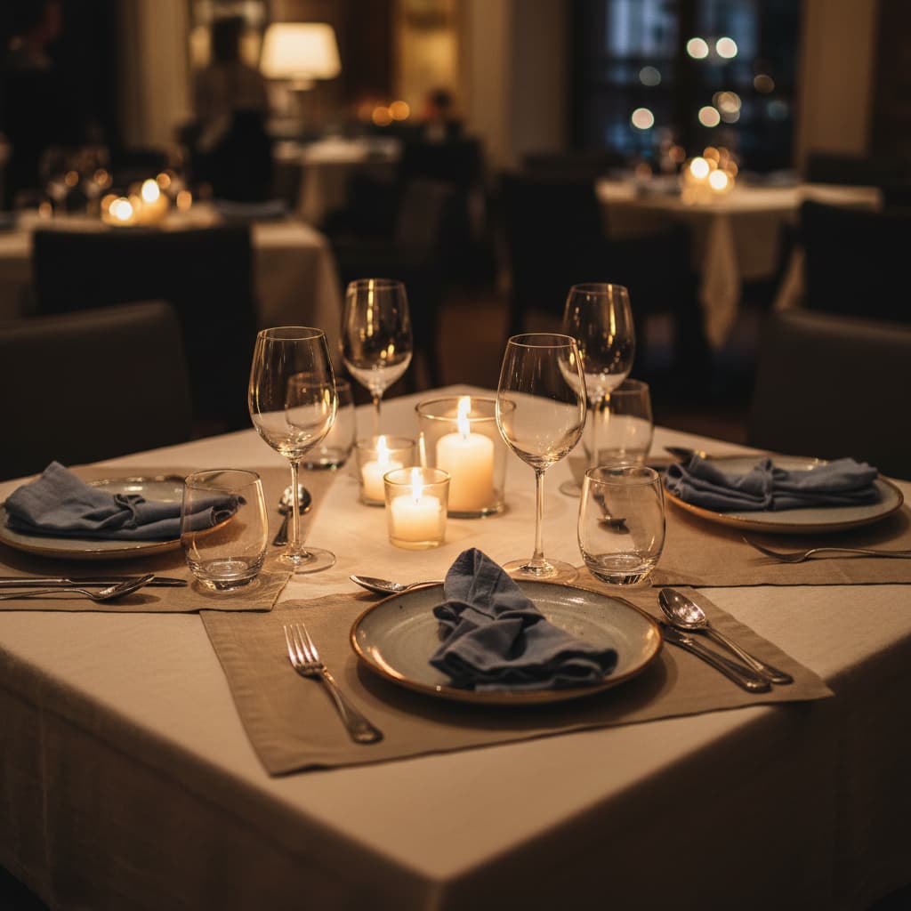 Blue linen tablecloth and napkin in restaurant candlelight