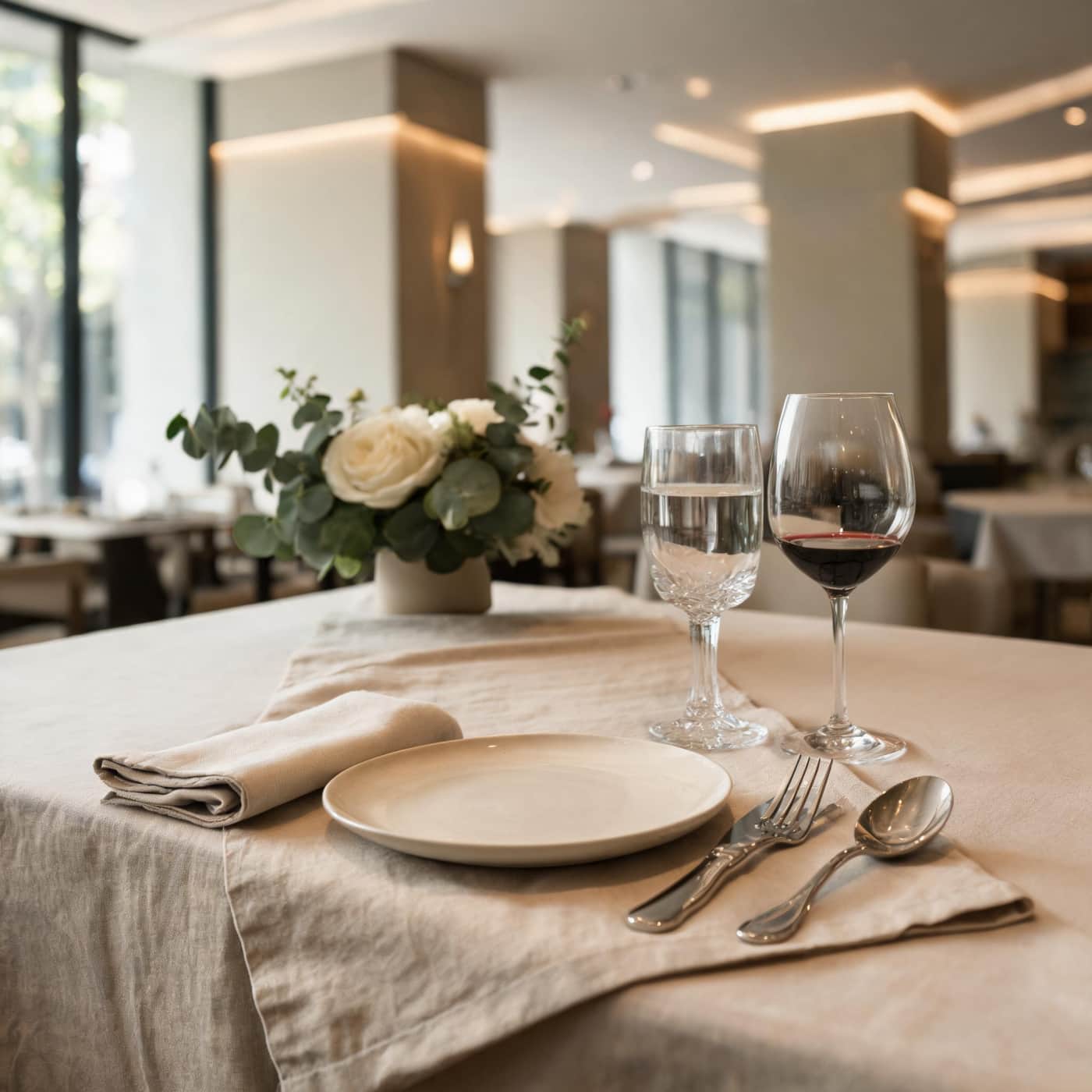 Commercial-grade European linen table textiles in a boutique restaurant