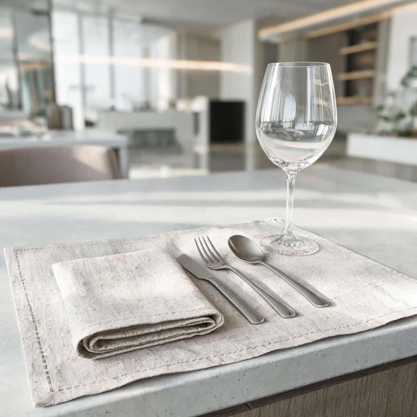 Minimalist boutique hotel restaurant featuring premium linen table textiles