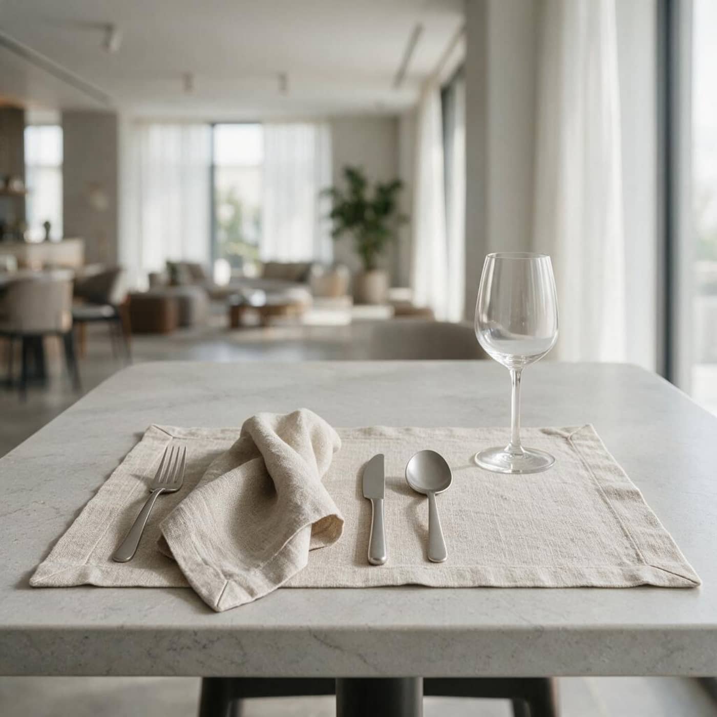 Minimalist boutique hotel restaurant featuring premium linen table textiles