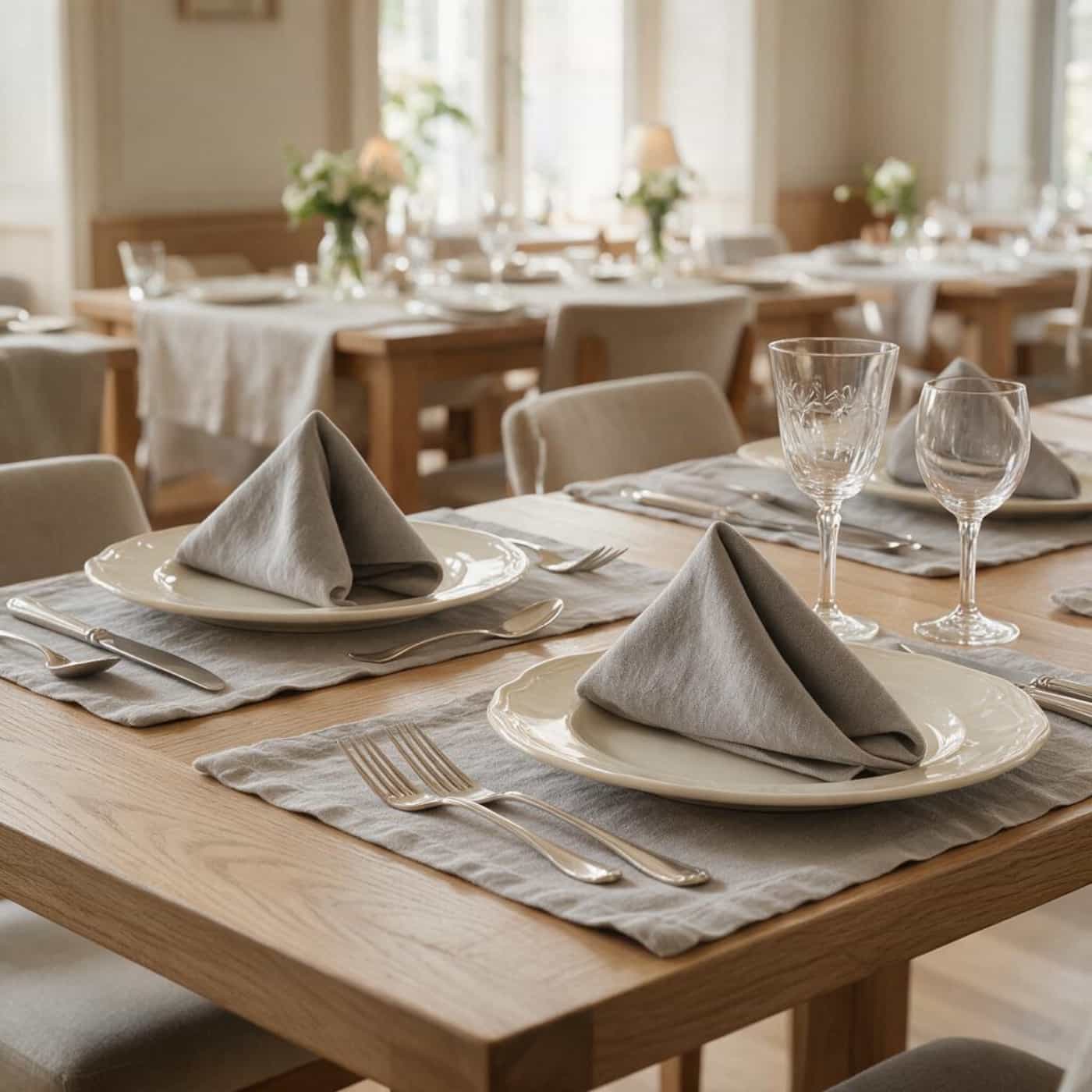 Elegant European linen dinner napkins arranged on a fine dining restaurant table