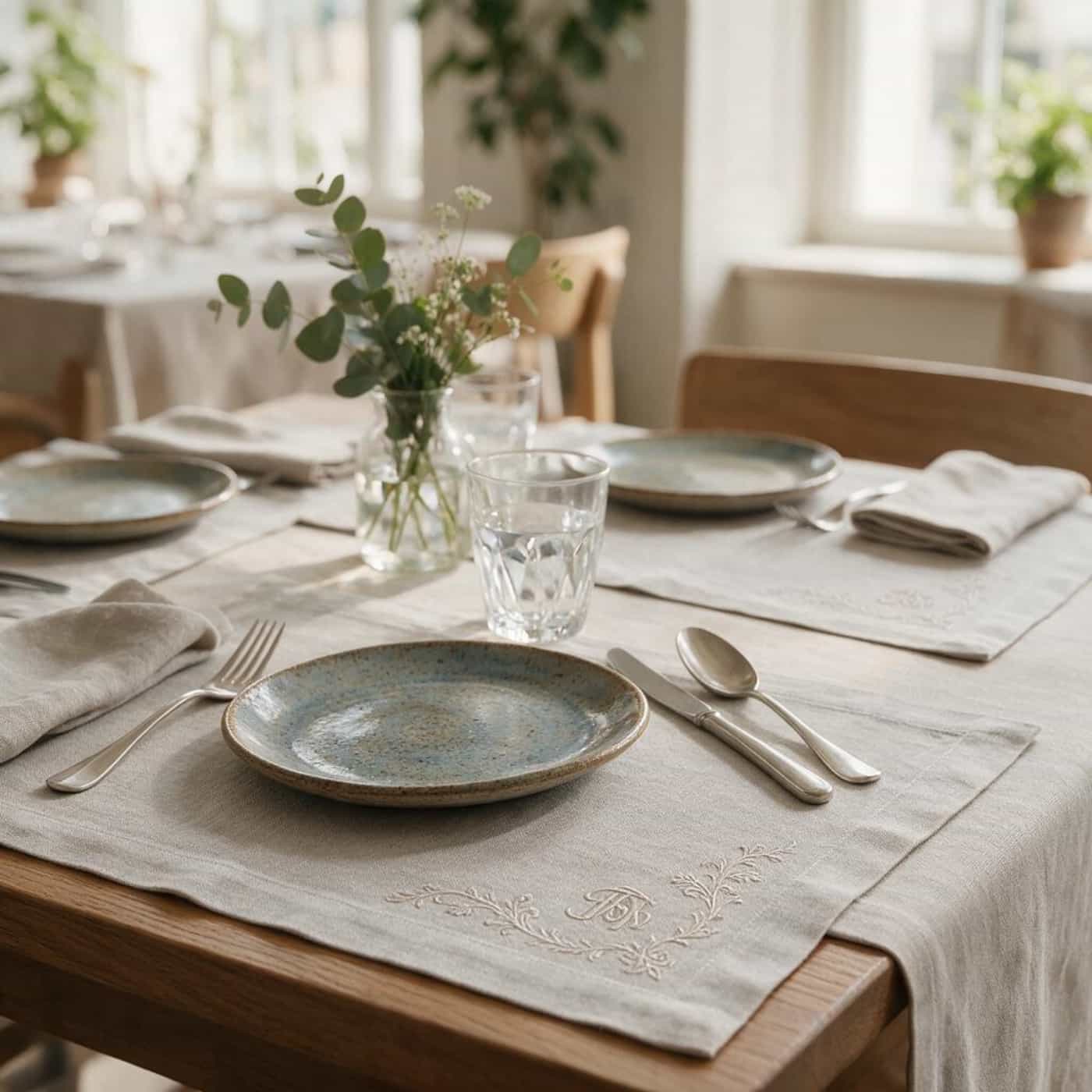 Custom European linen placemats designed for restaurants and hospitality brands