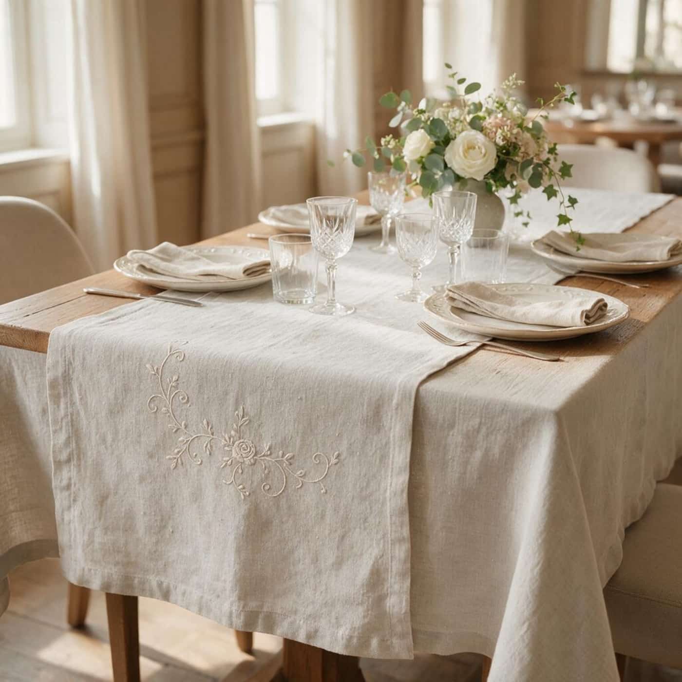 Custom embroidered European linen table runner for hospitality branding