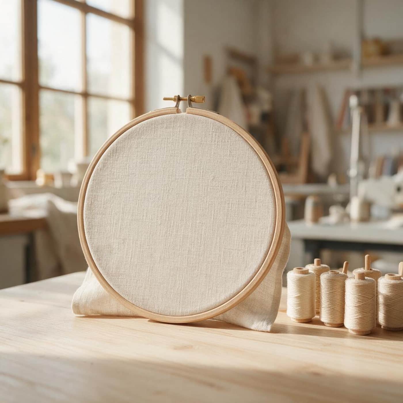 Professional embroidery studio working on premium linen napkins