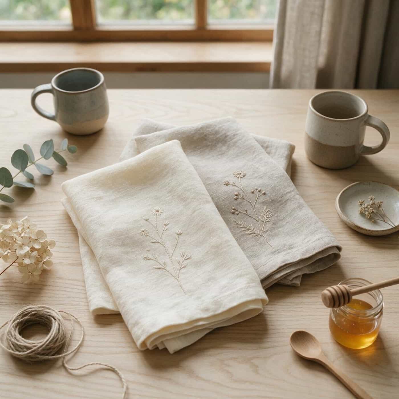 Handmade embroidered linen products for Etsy businesses