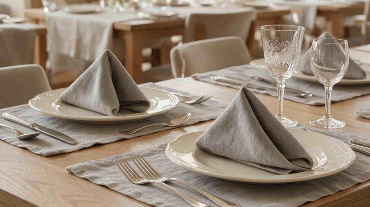 European linen napkins displayed in four elegant folding styles on a white background.