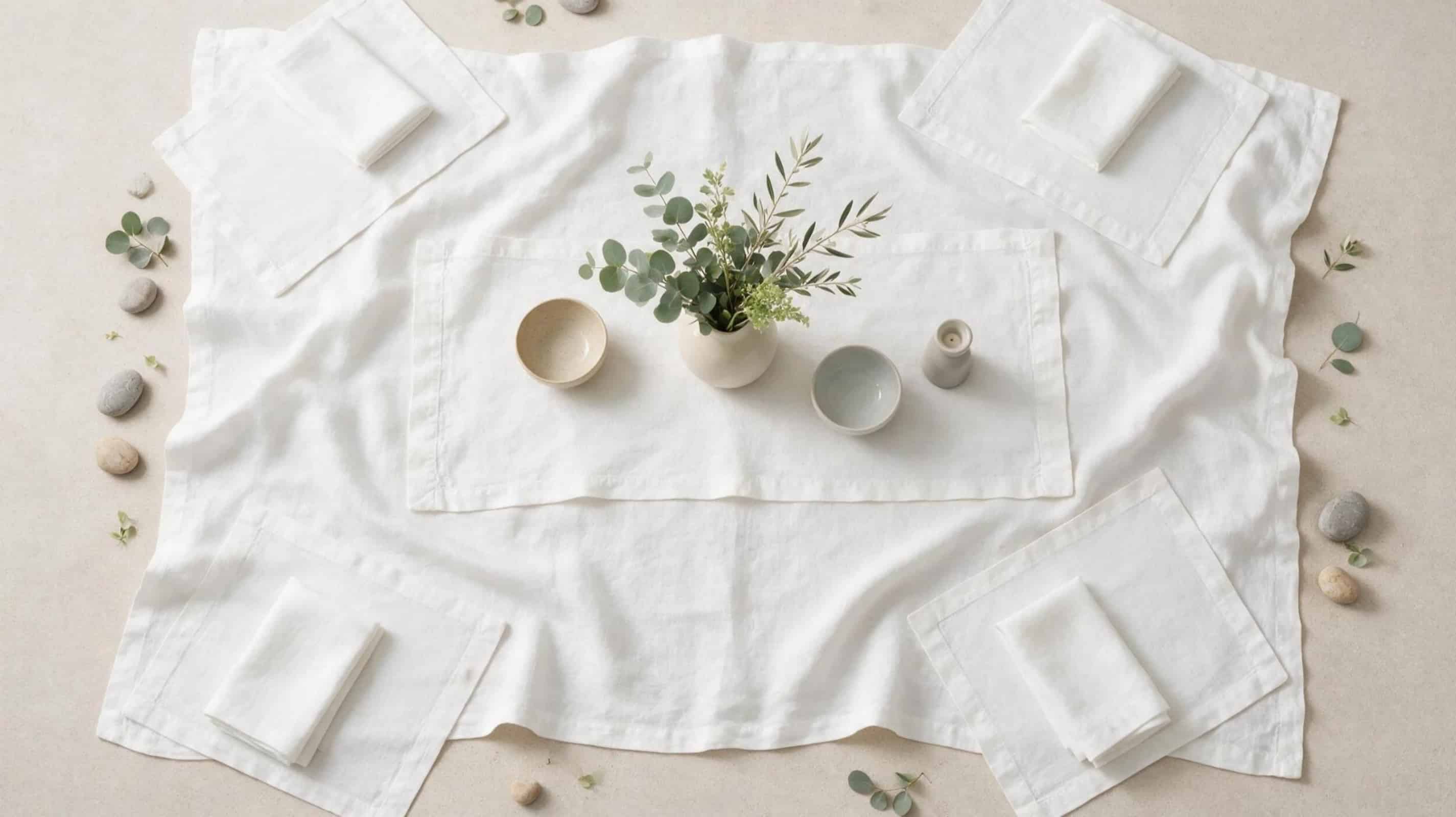 Complete European linen table linen collection including tablecloths, runners, placemats, napkins and coasters.