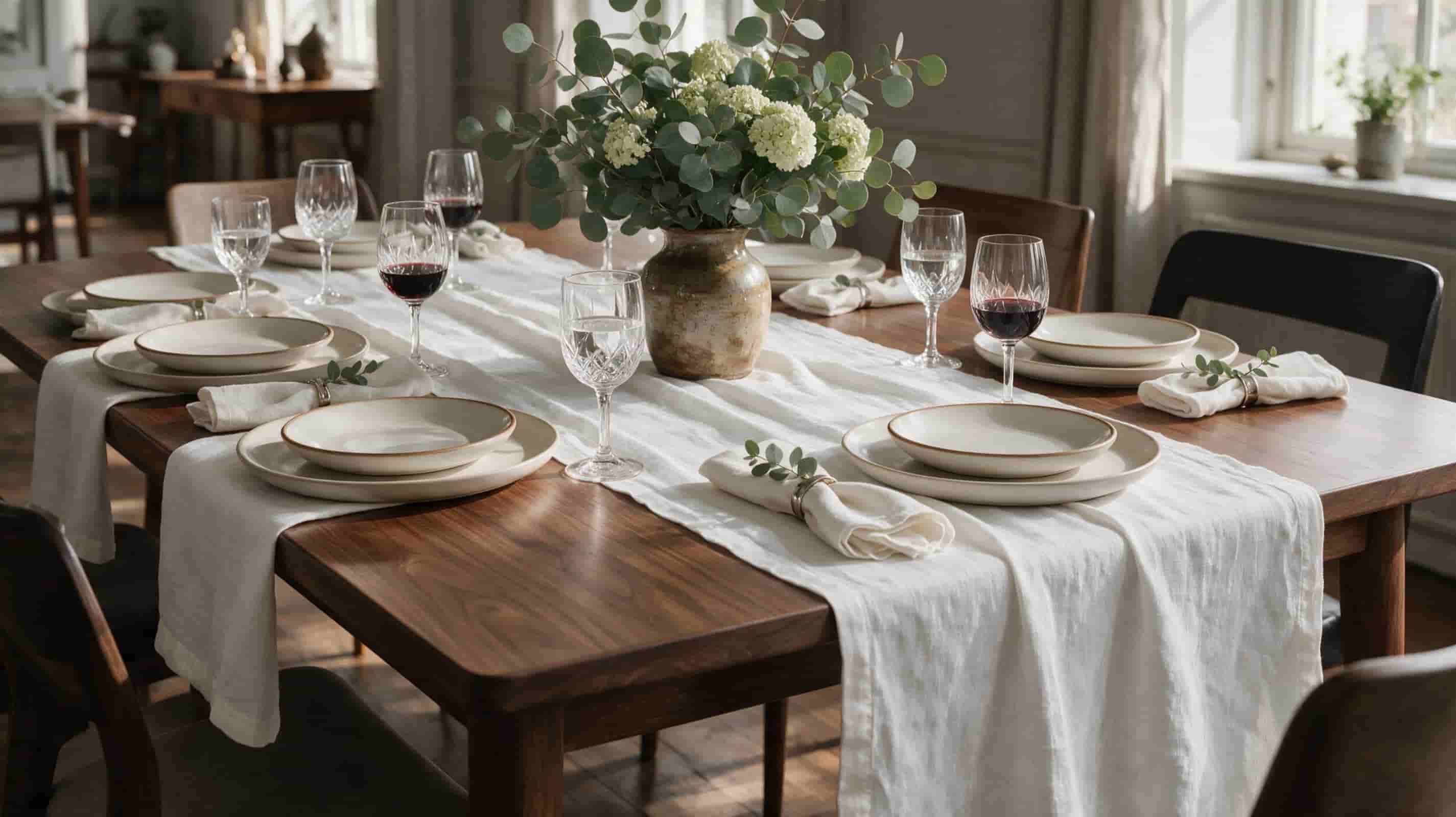 White European linen table runner styled on a luxury restaurant table with elegant dinnerware and natural decor.
