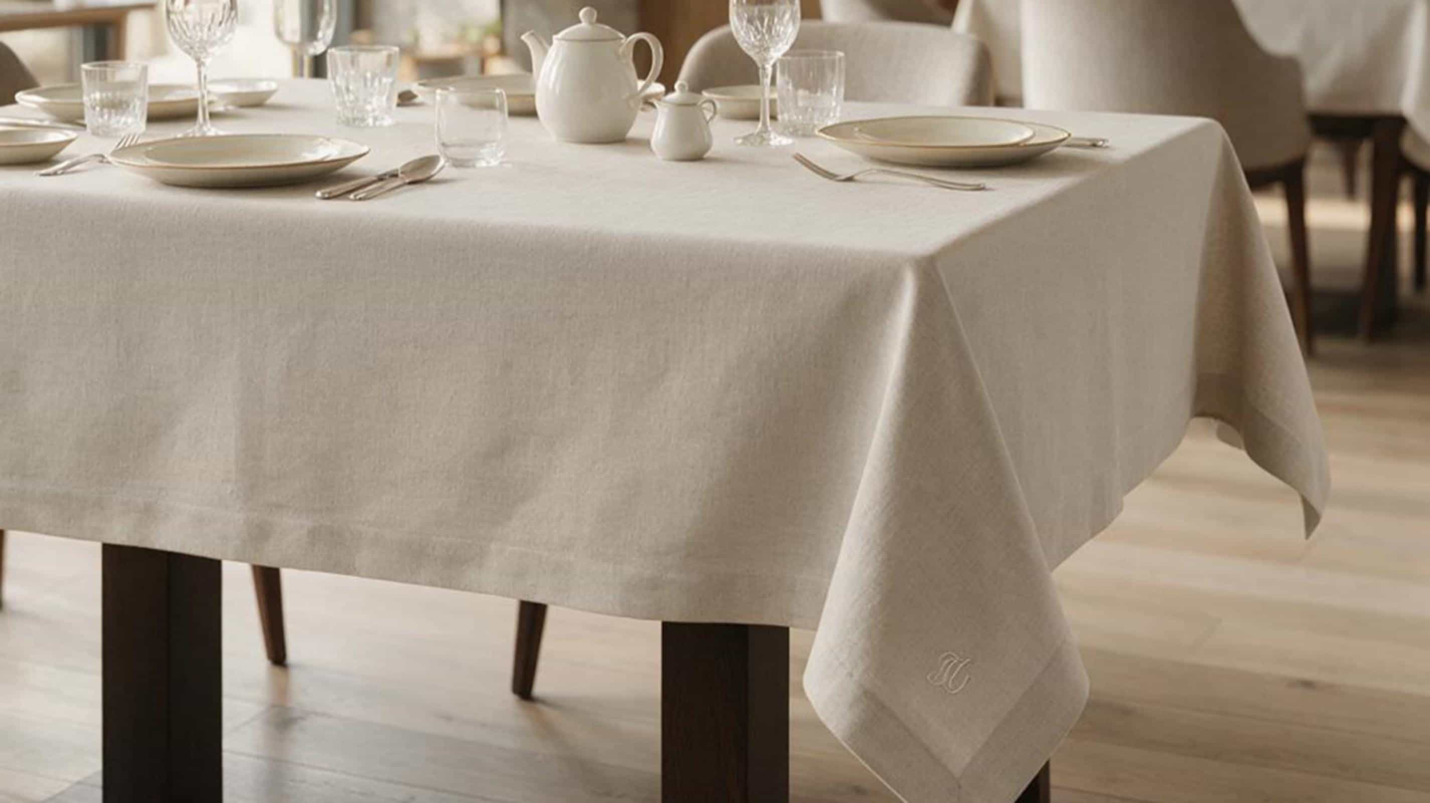 Natural European linen tablecloth showing elegant flowing drape and authentic woven linen texture.