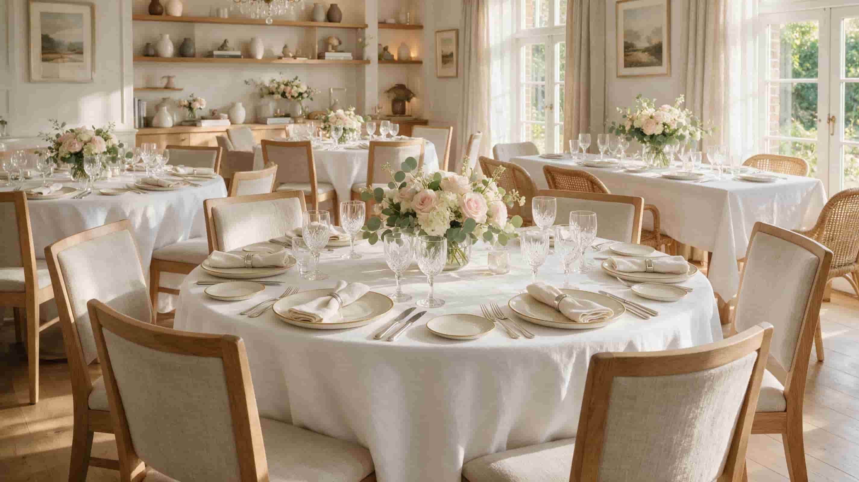 White European linen tablecloth styled on a luxury restaurant dining table with elegant tableware and crystal glassware.