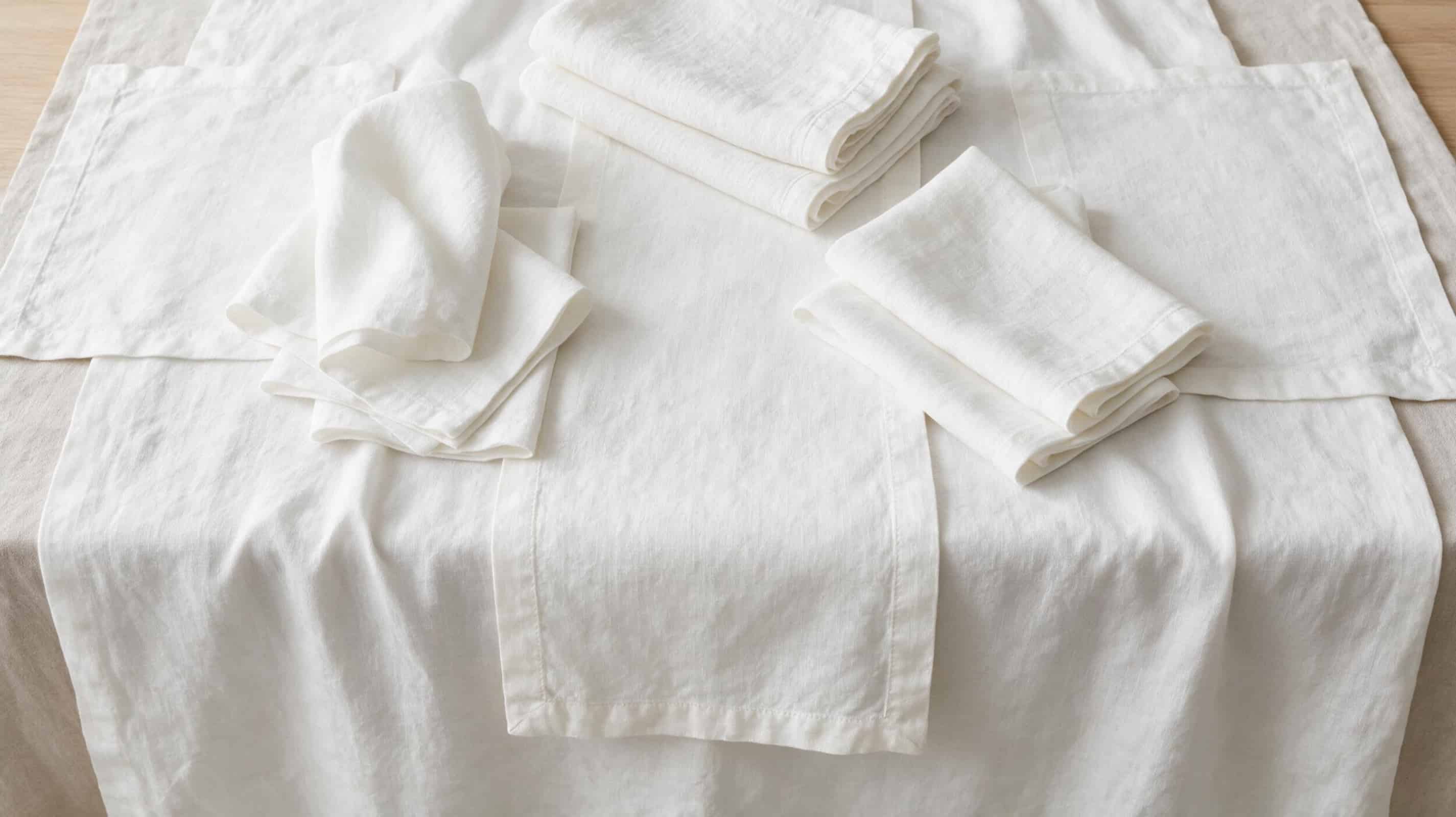 Complete European linen textile collection including tea towels, napkins, placemats, table runners and tablecloths.