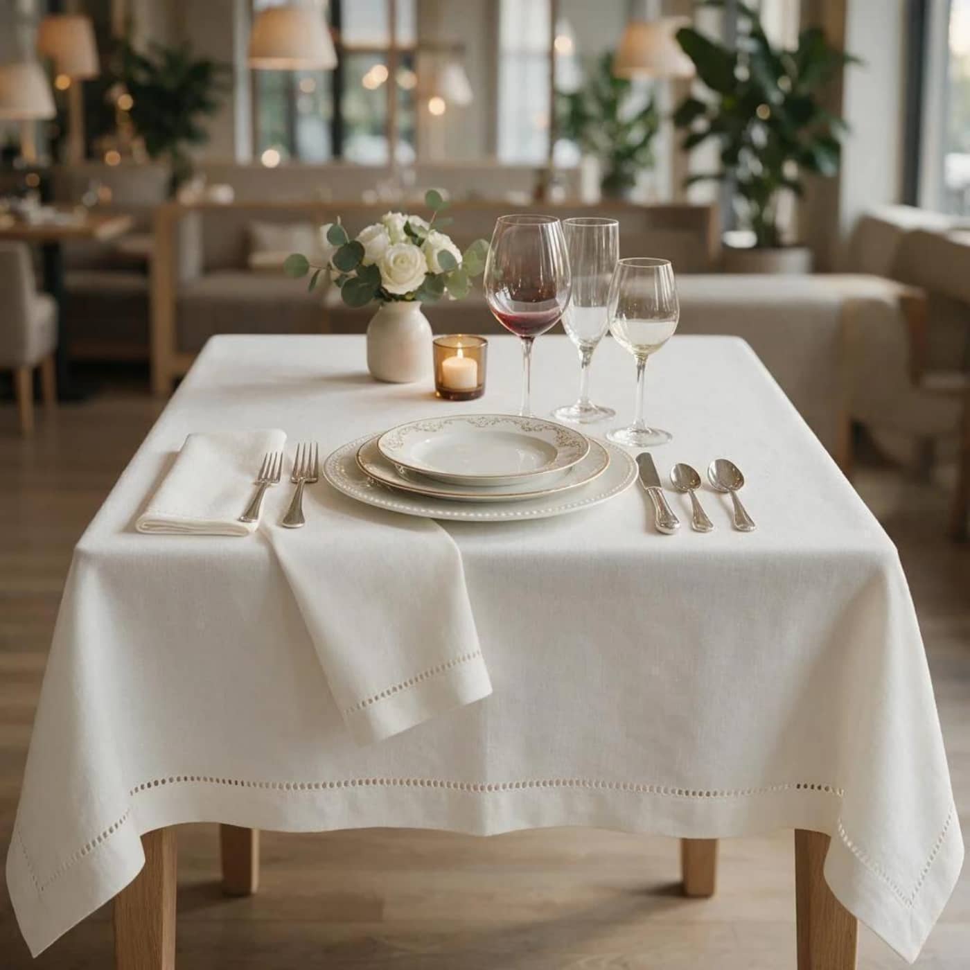 Fine dining restaurant table with elegant hemstitched linen napkins and table setting