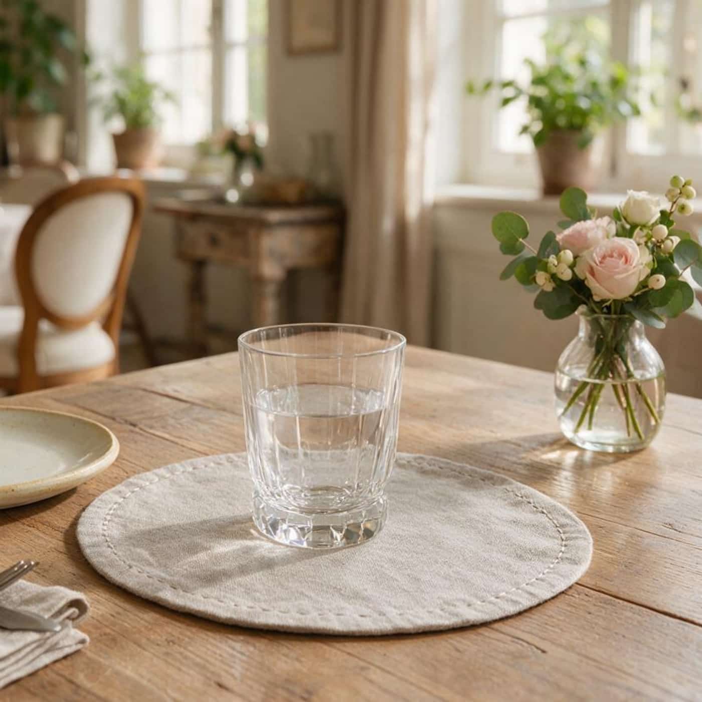 Hemstitched European linen coasters with refined decorative edge detail
