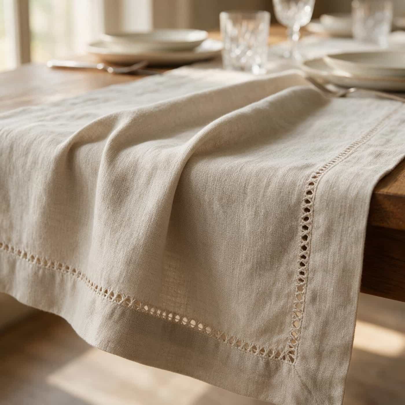 Hemstitched European linen table runner with refined decorative finishing