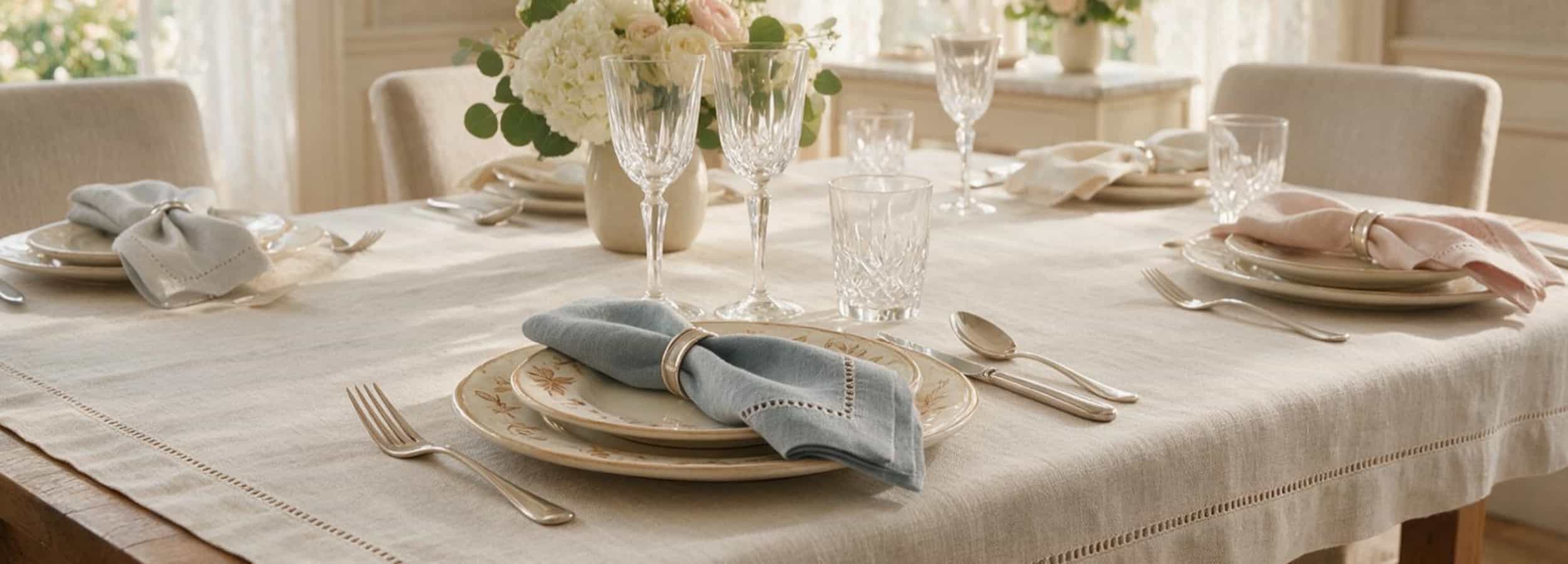 Luxury dining table featuring premium European hemstitched linen napkins and table textiles