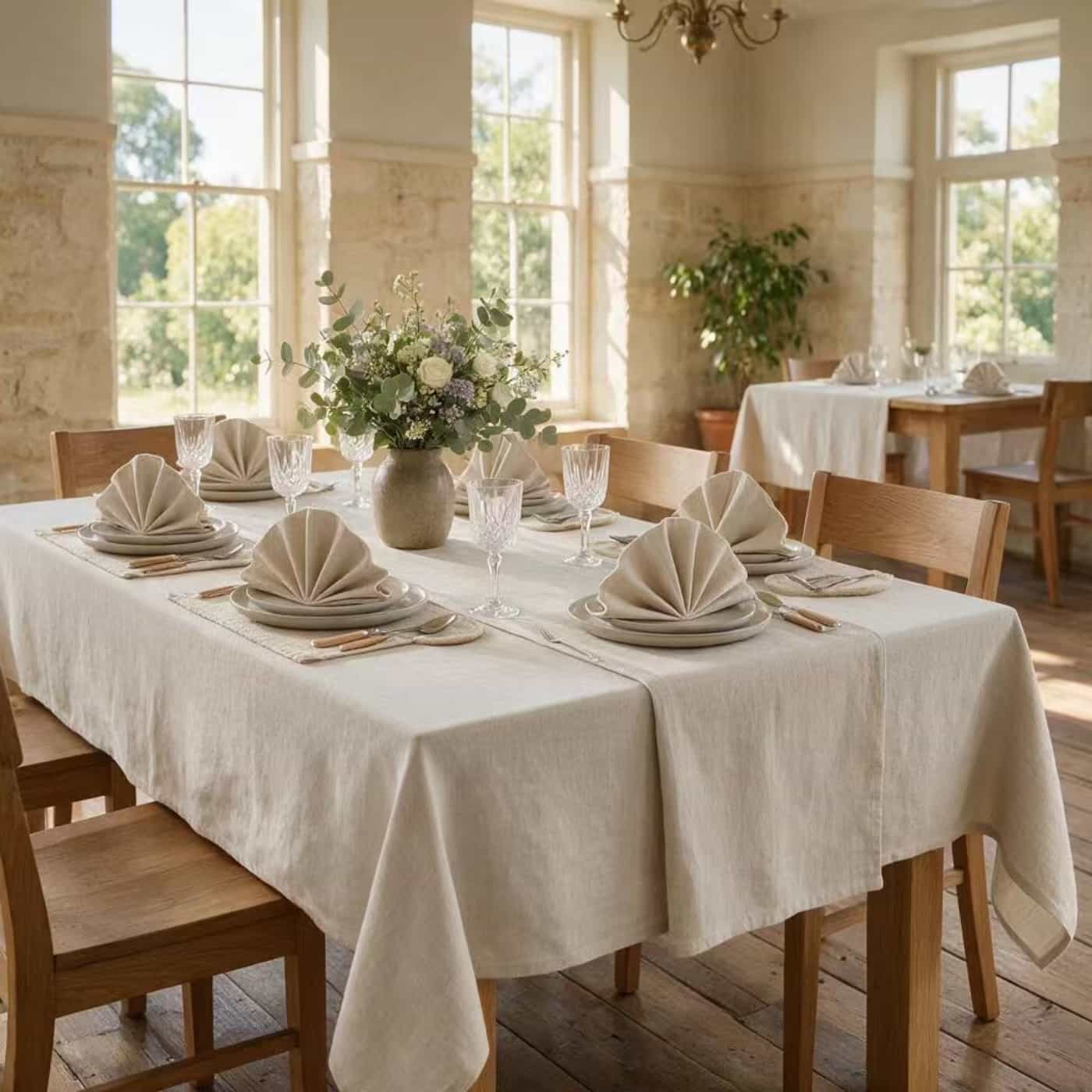 Elegant hospitality table setting completed with coordinated European linen