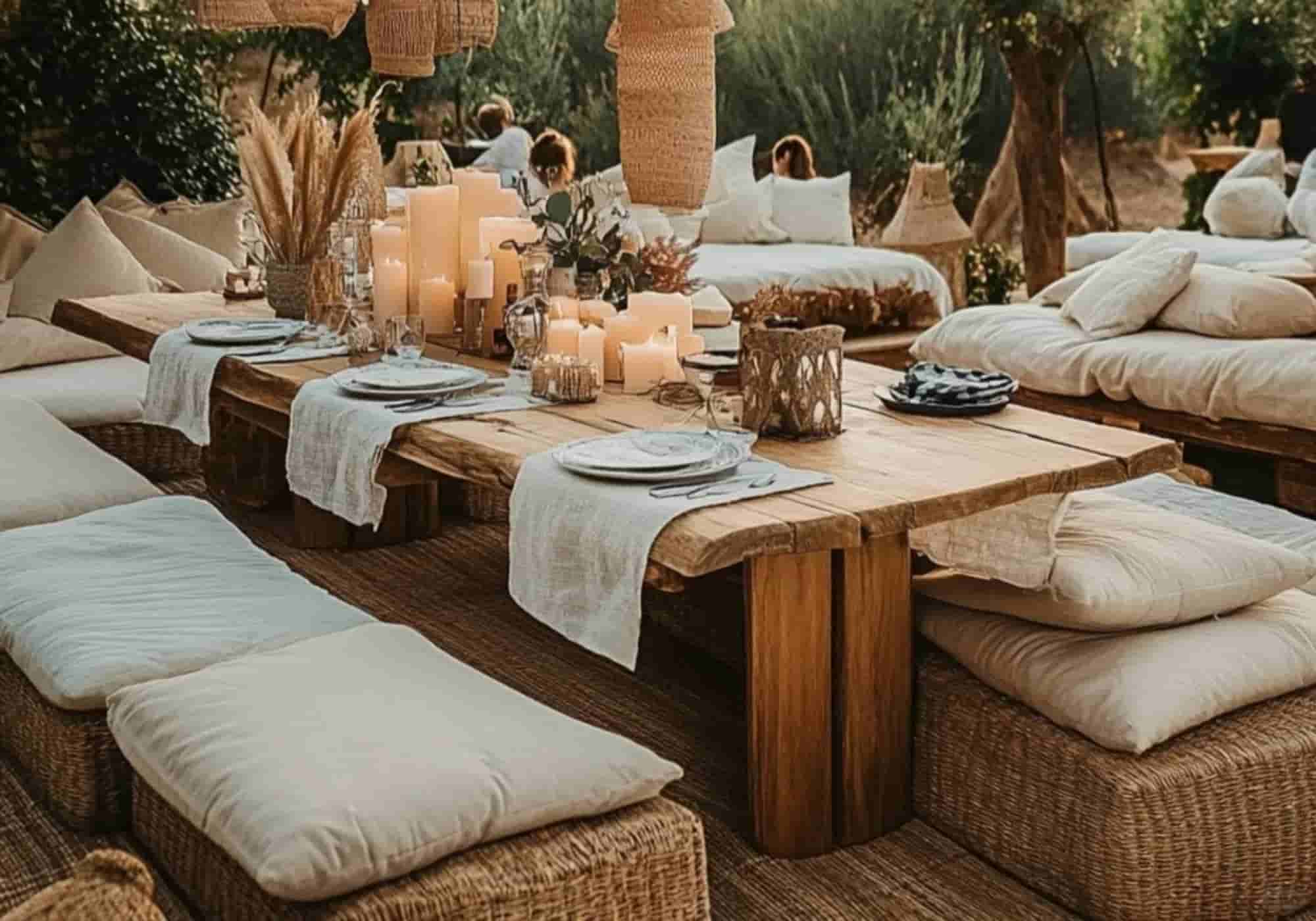 Ivory linen table runners layered on a low wooden boho dining table surrounded by floor cushions and pillar candles at dusk