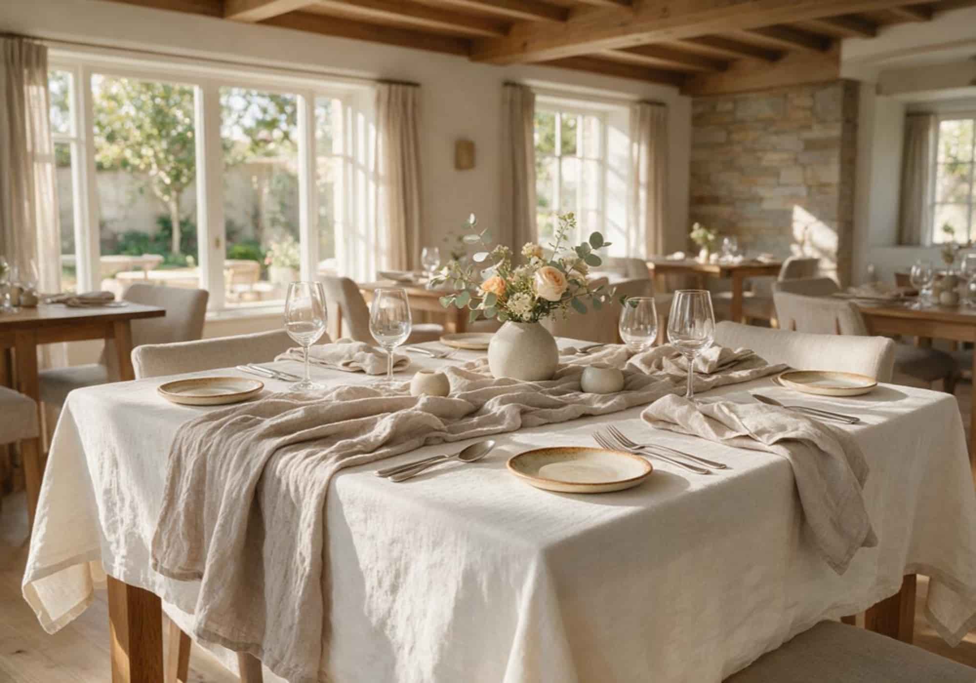 Premium European linen table runner layered over a restaurant tablecloth