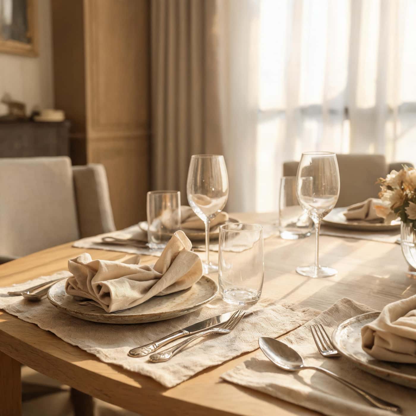 Breakfast table styled with natural European linen inside a luxury guesthouse
