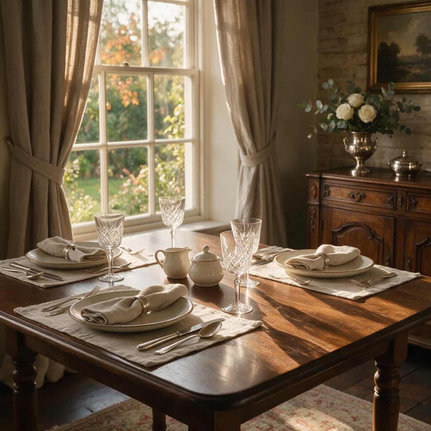 Breakfast table styled with natural European linen inside a luxury guesthouse