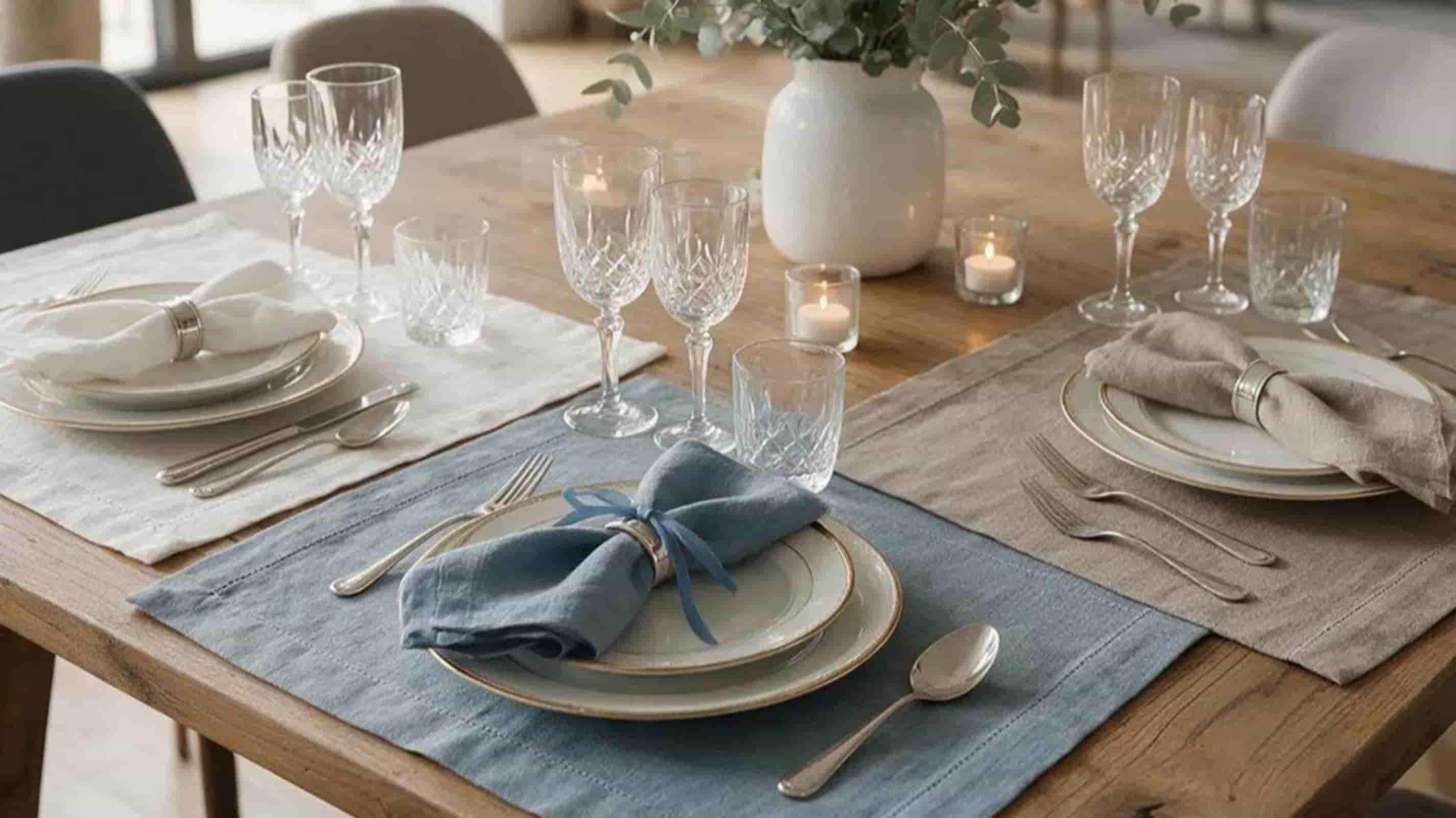 European linen placemats styled with matching napkins, ceramic dinnerware and crystal glassware for a premium dining experience.