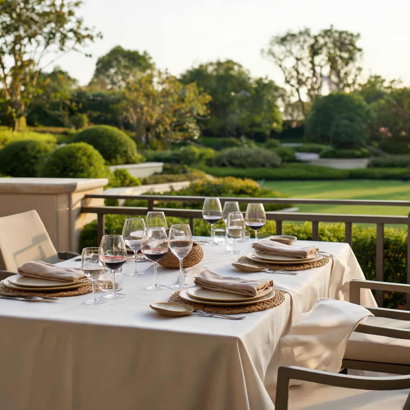Outdoor luxury resort dining table styled with premium European linen