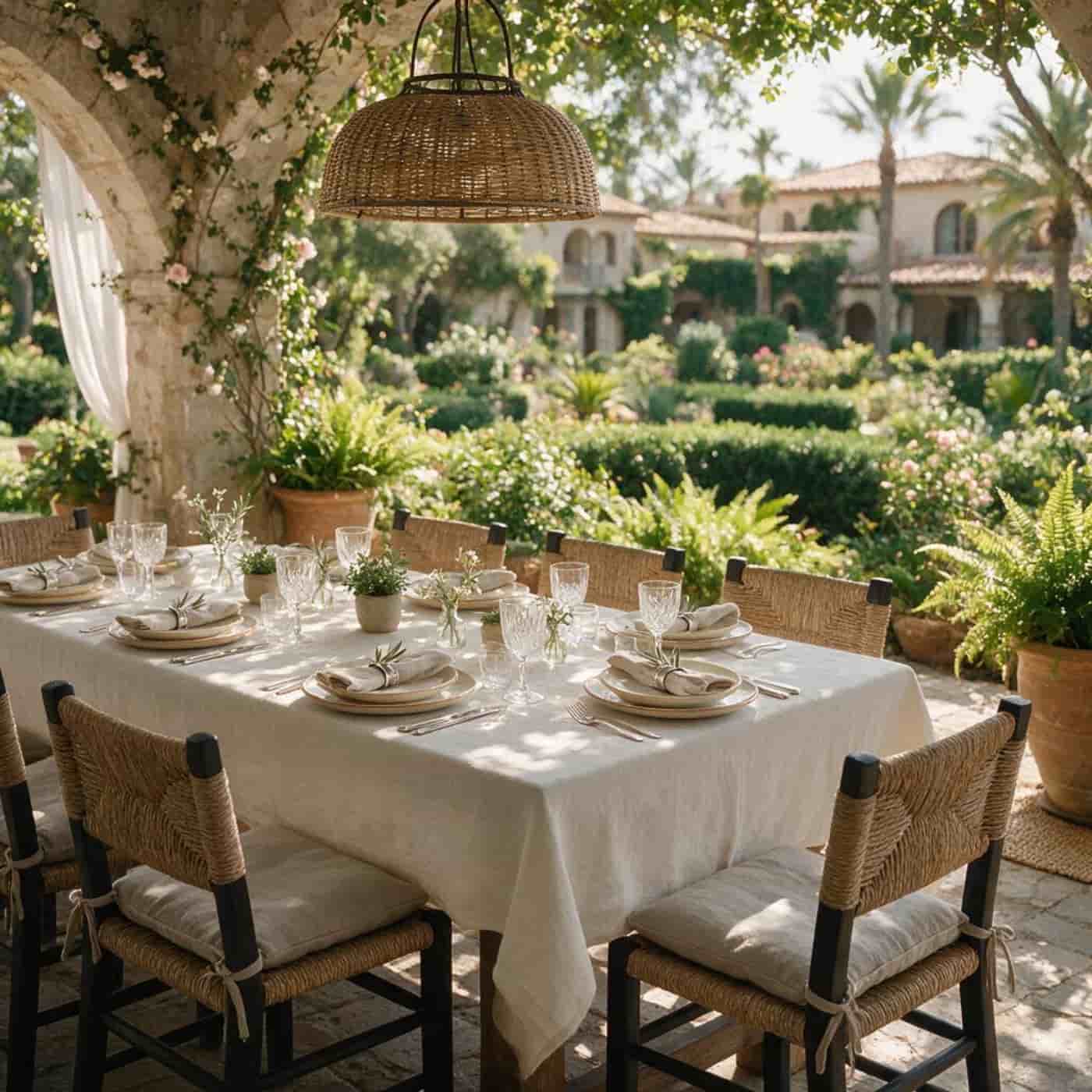 Outdoor luxury resort dining table styled with premium European linen