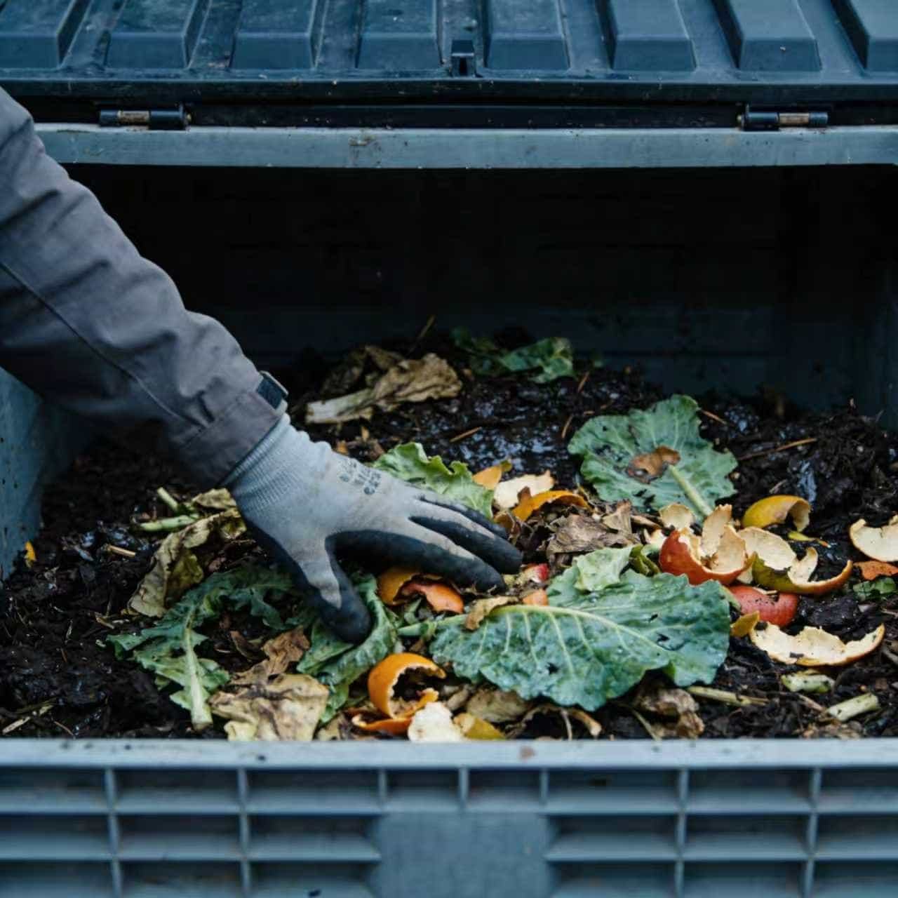 Messy and overflowing traditional compost bin showing common frustrations beginners face with outdoor composting