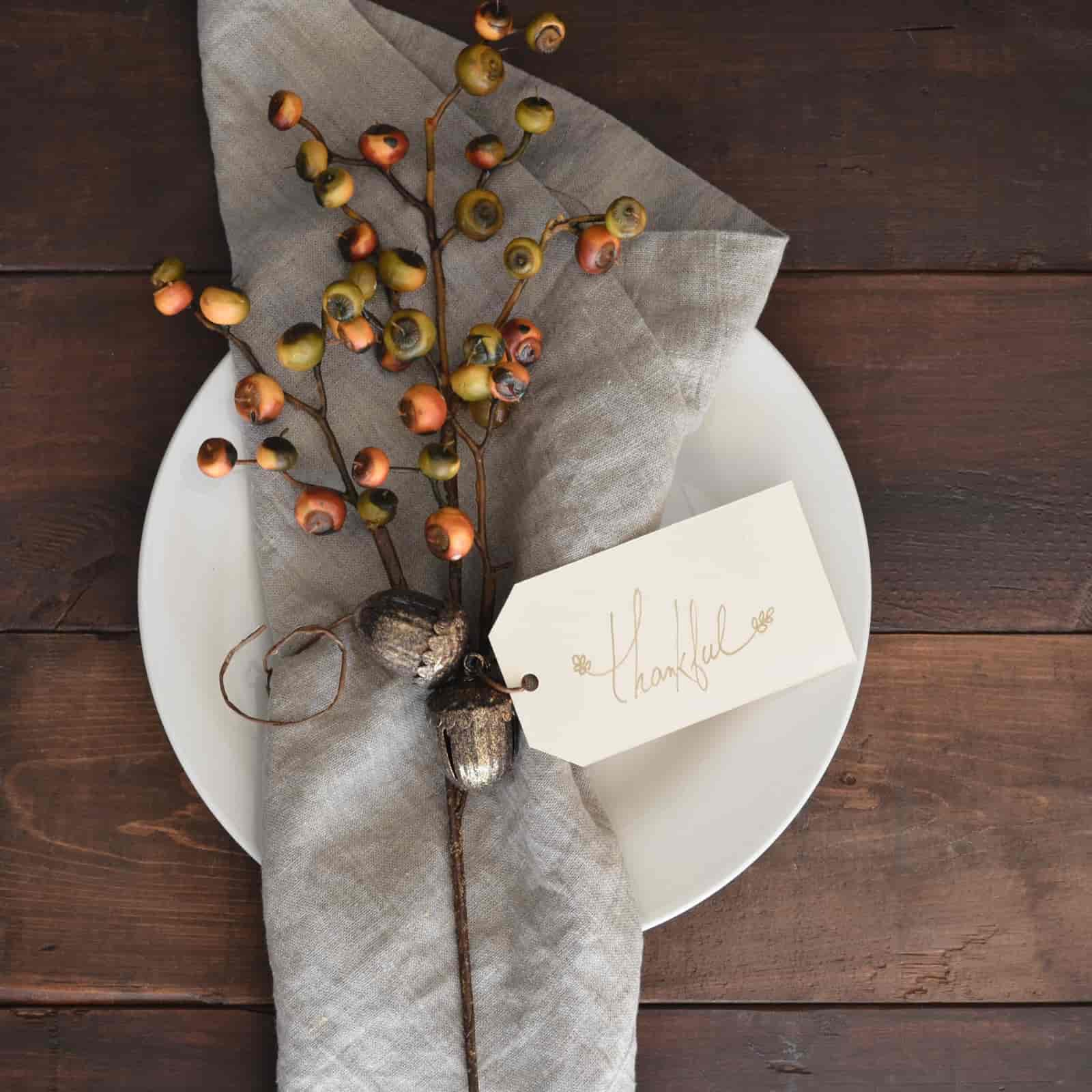Natural linen napkin styled for autumn Thanksgiving table