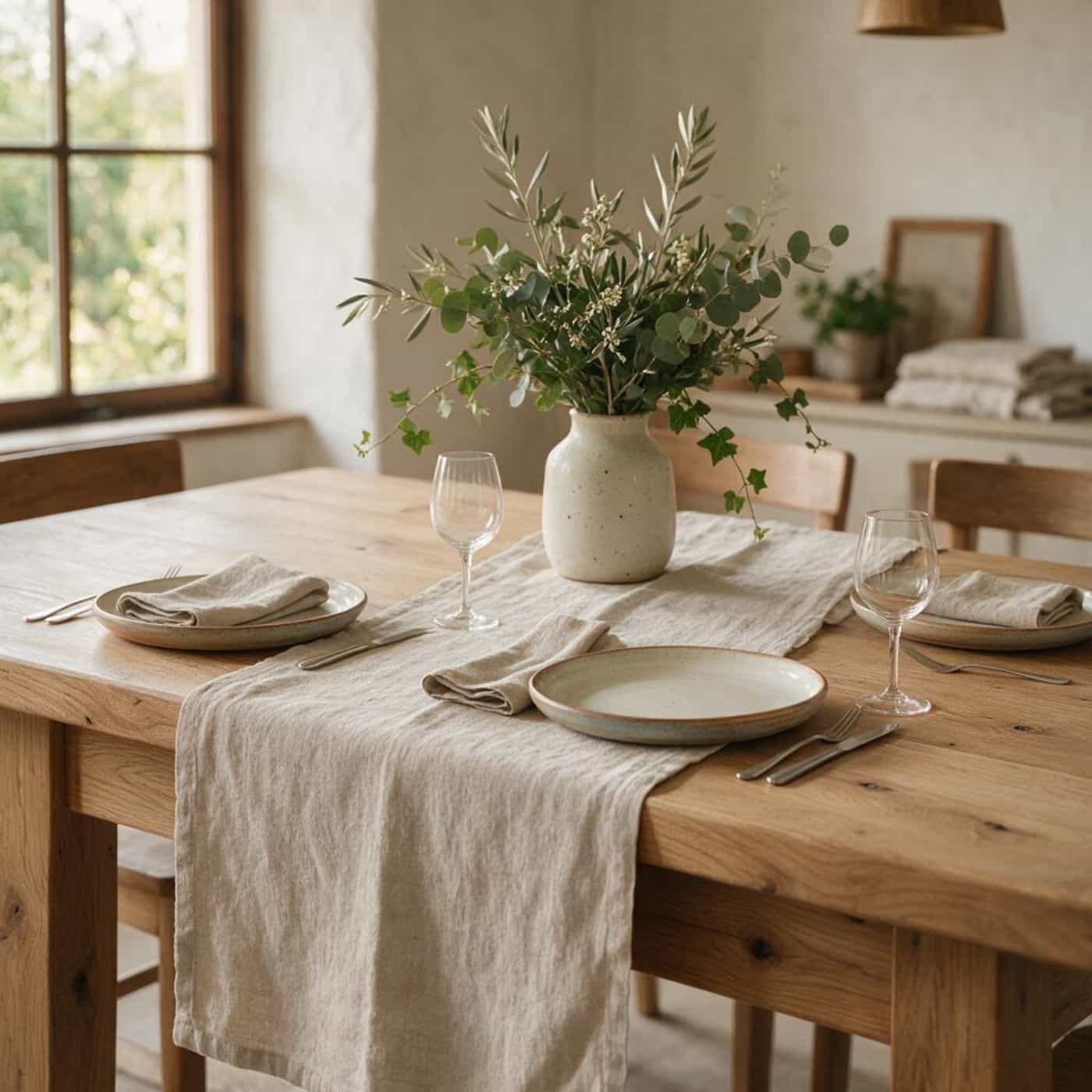 Natural European linen table runner styled on a rustic hospitality dining table