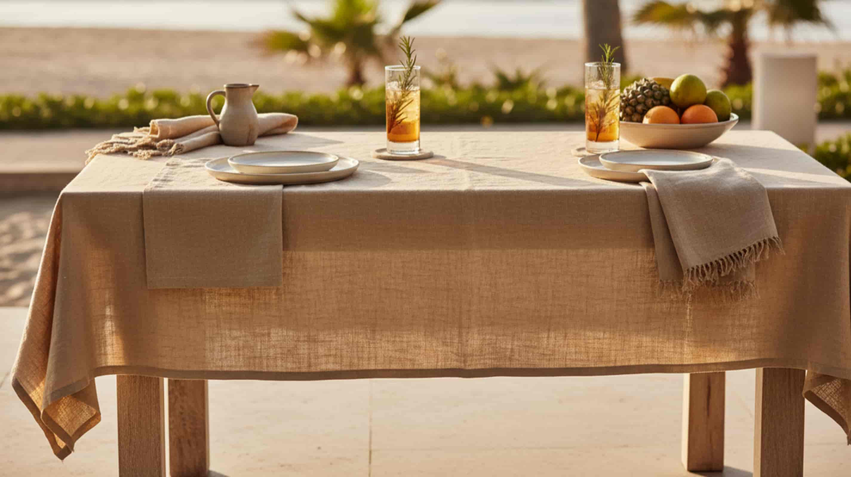 Natural beige washed linen tablecloth draped over an outdoor dining table with ocean and palm tree backdrop