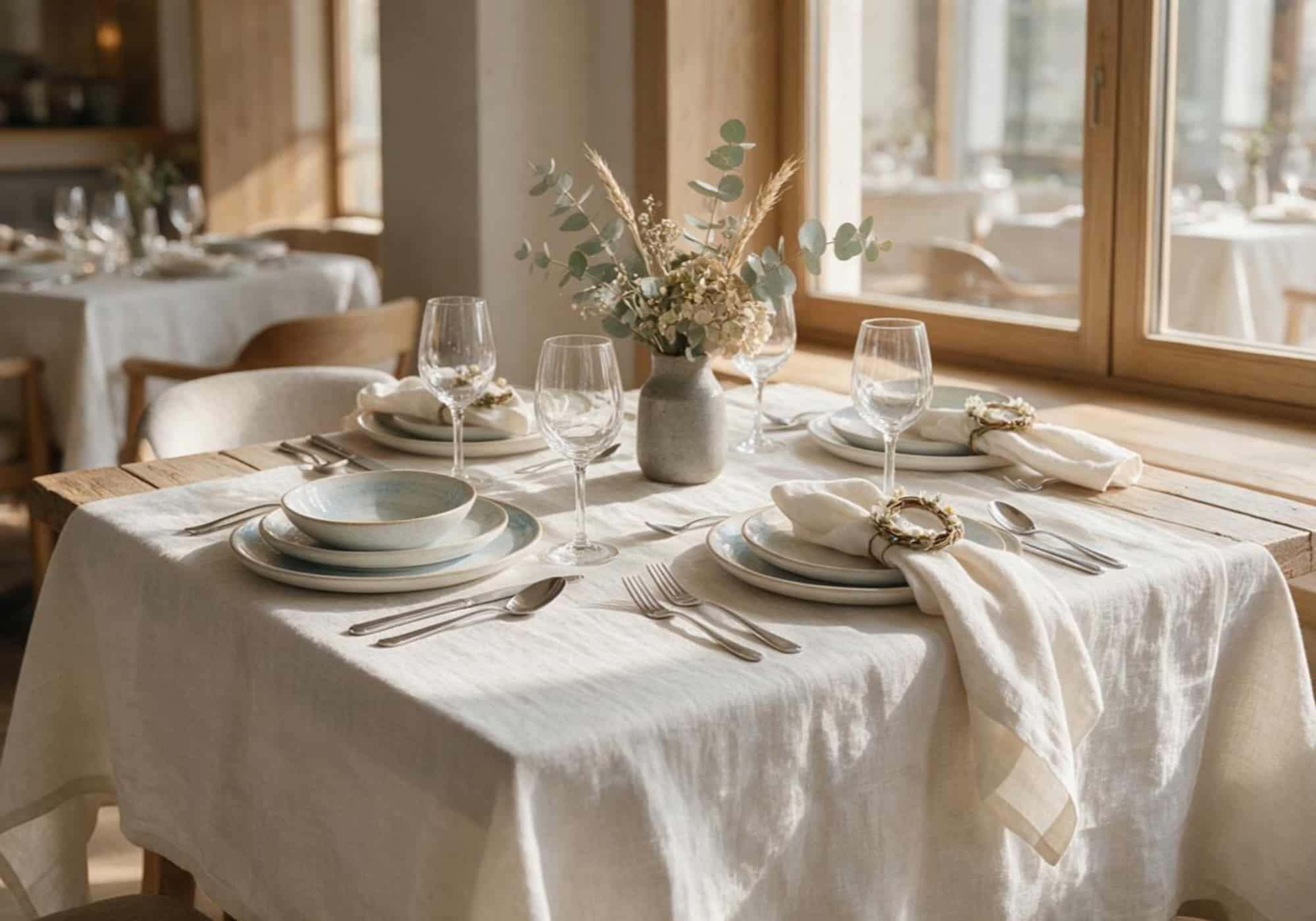 Premium European linen tablecloth styled in a modern hospitality dining setting