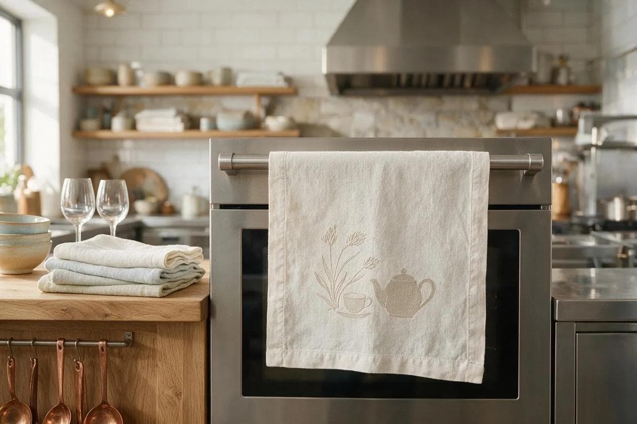 European linen tea towel hanging in a modern restaurant kitchen