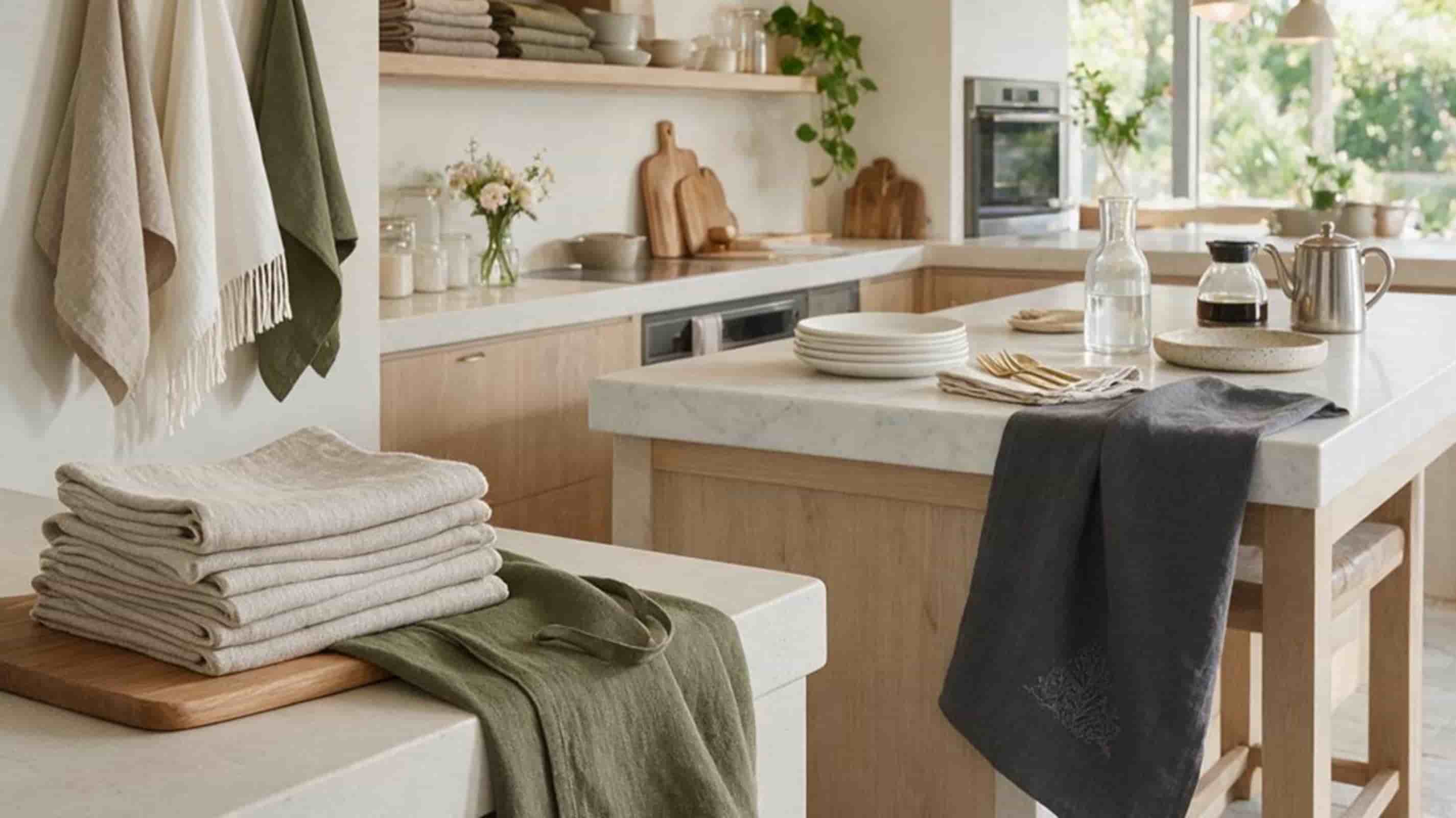 White European linen tea towels used in a boutique cafe and hospitality environment.